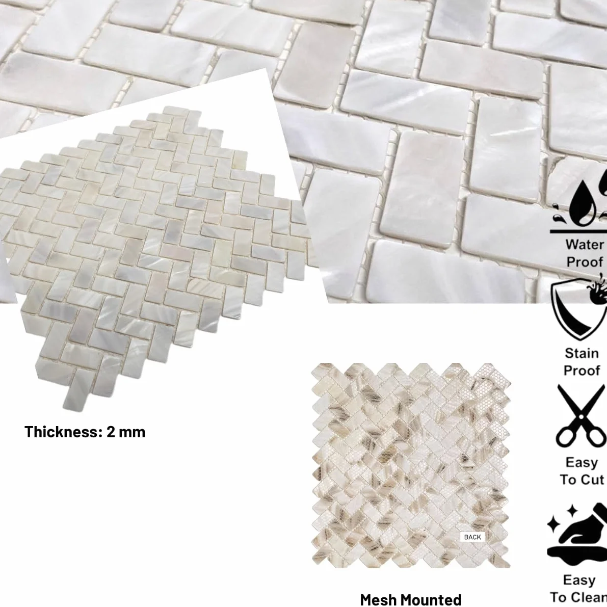 Oryginalna mozaika z masy perłowej z muszli ostrygi w jodełkę do kuchni, ścian łazienkowych, spa, basenów od Vogue Tile by Vogue Tile