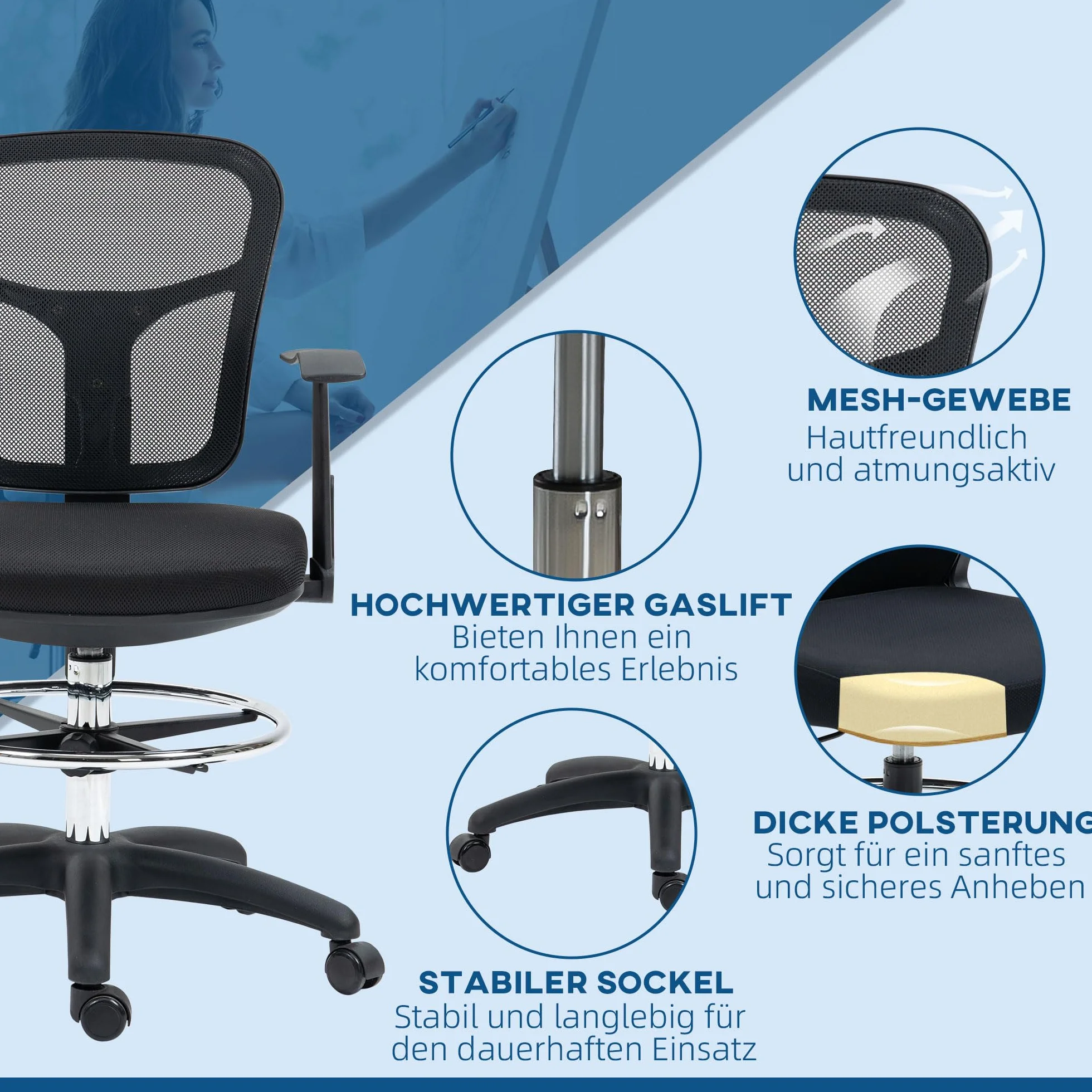 Vinsetto Krzesło biurowe, ergonomiczne krzesło kreślarskie, 95-115 cm, krzesło komputerowe z podłokietnikami, krzesło do biurka z podnóżkiem, krzesło obrotowe do biura, salonu, siatka, czarne