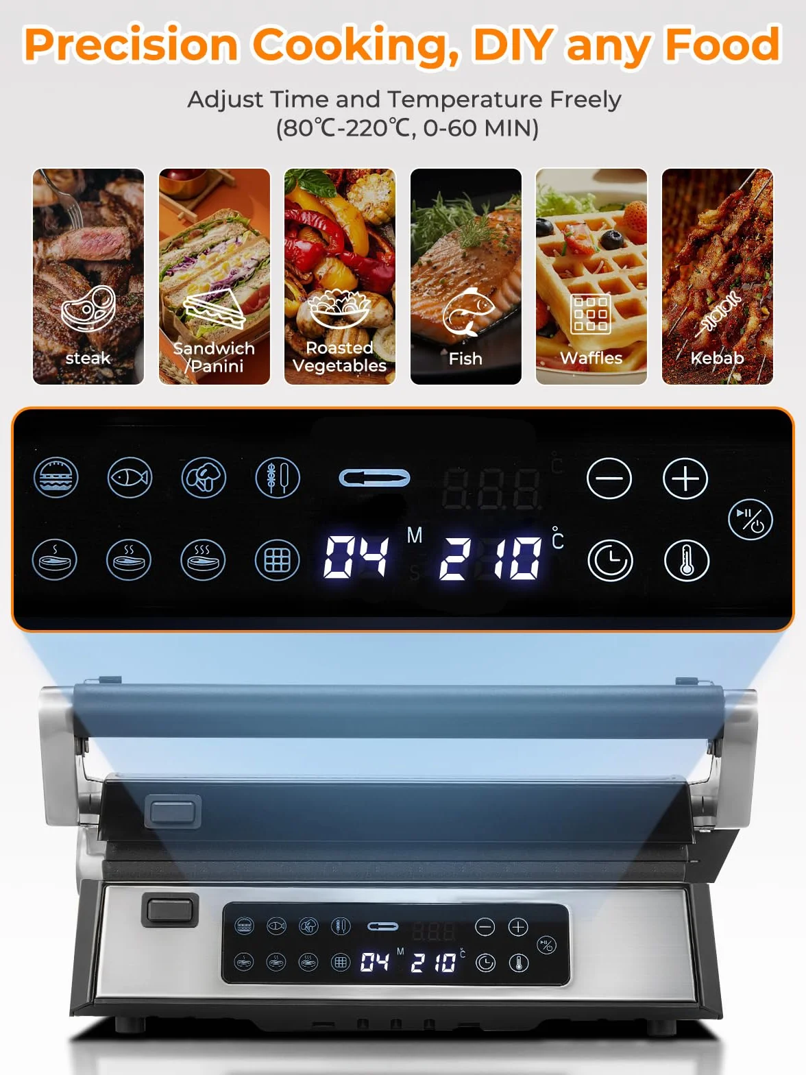 FOHERE Grill kontaktowy XL, wielofunkcyjny, opiekacz do kanapek i gofrownica 4 w 1, 2200 W, z 4 zdejmowanymi płytami z powłoką zapobiegającą przywieraniu, indywidualny czas i temperaturę, wskaźnik LED