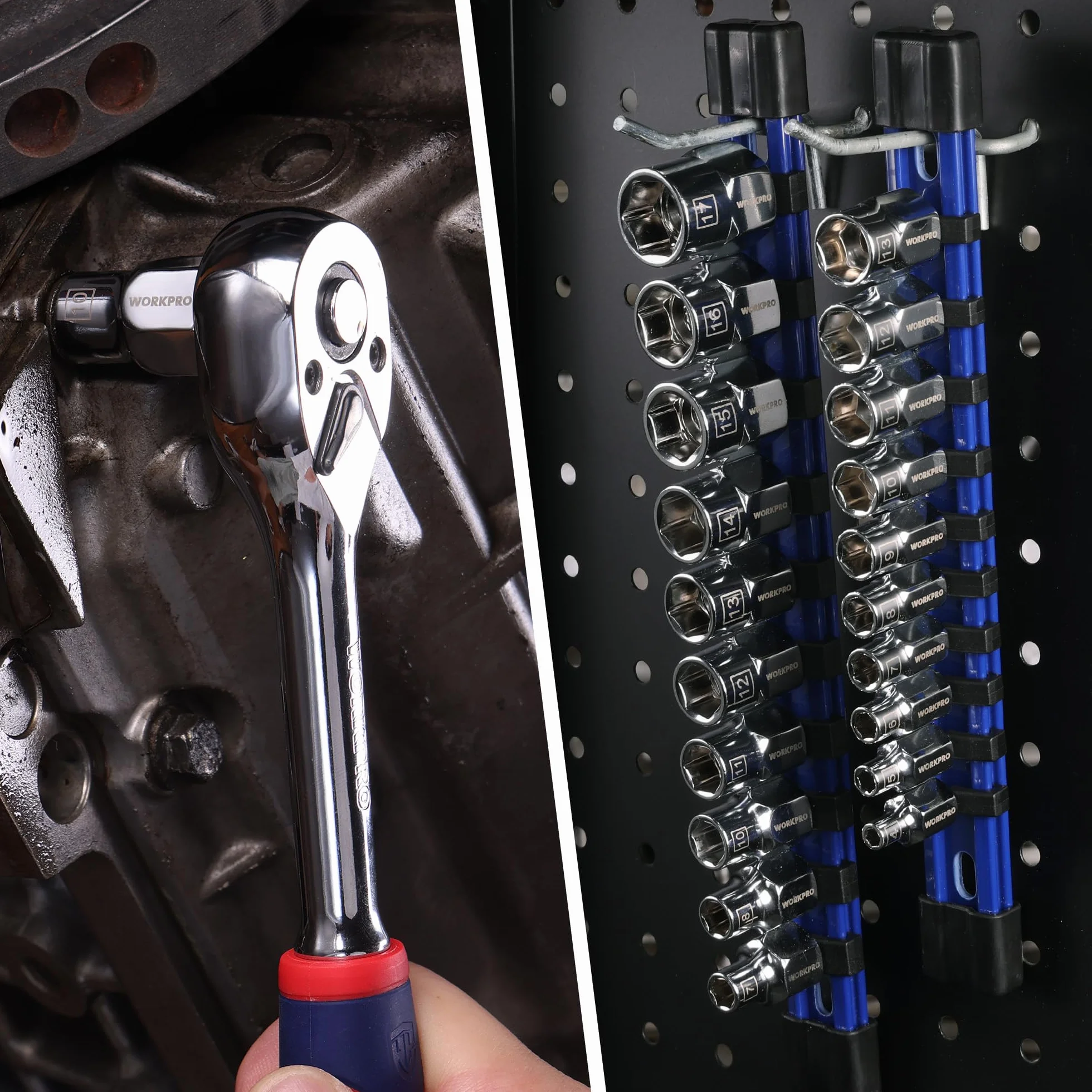 WORKPRO Zestaw Nasadek 1/4" 10 elementów, Nasadki 4-13 mm z Stali Cr-V, z Uchwyt PVC, Zestaw Kluczy Nasadowych do Napraw Samochodów i Maszyn