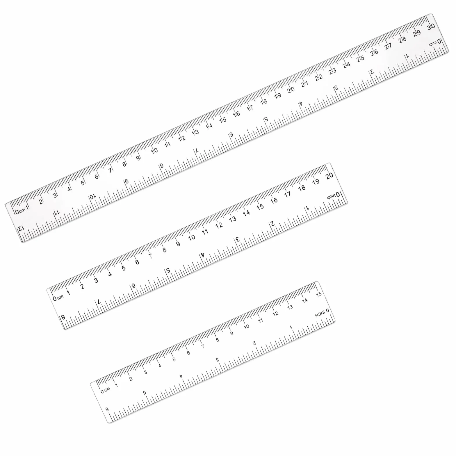 3 sztuki linijki z tworzywa sztucznego, 15 cm, 20 cm, 30 cm, zestaw przezroczystych linijek z podwójną skalą boczną, narzędzie pomiarowe do nauczania i rysowania (6, 8, 12 cali)