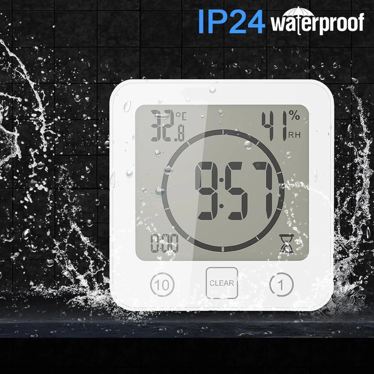 OurLeeme Codzienny wodoszczelny zegarek pod prysznic, budzik z dużym wyświetlaczem LCD, wskaźnik wilgotności powietrza, temperatury, sterowanie timerem, zegar odliczający do domu, kuchni, łazienki