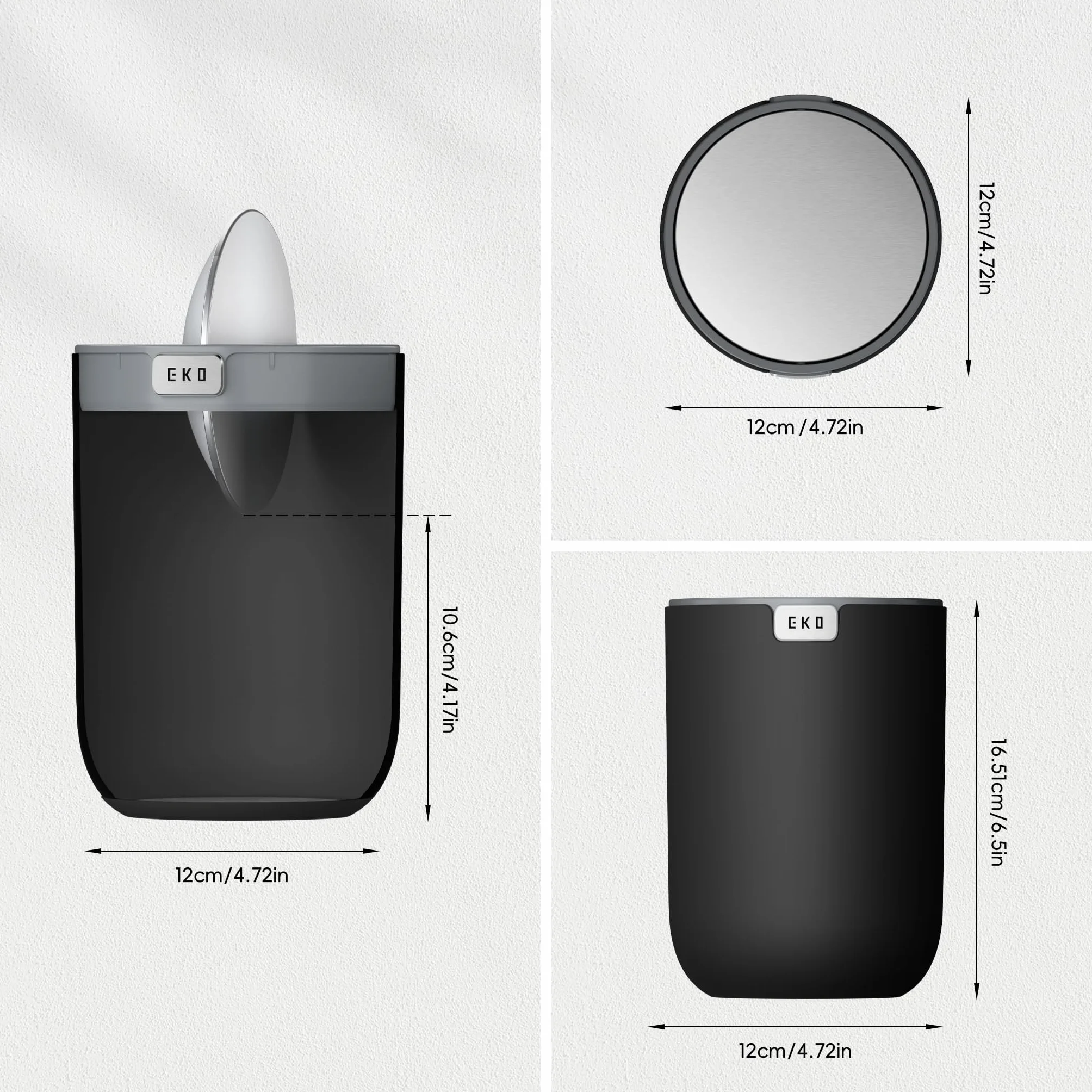 EKO Mini Desk Trash Can with Swing-Top Lid 0.4 Gallon Small Table Round Wastebasket for Office, Home, Car (Black)