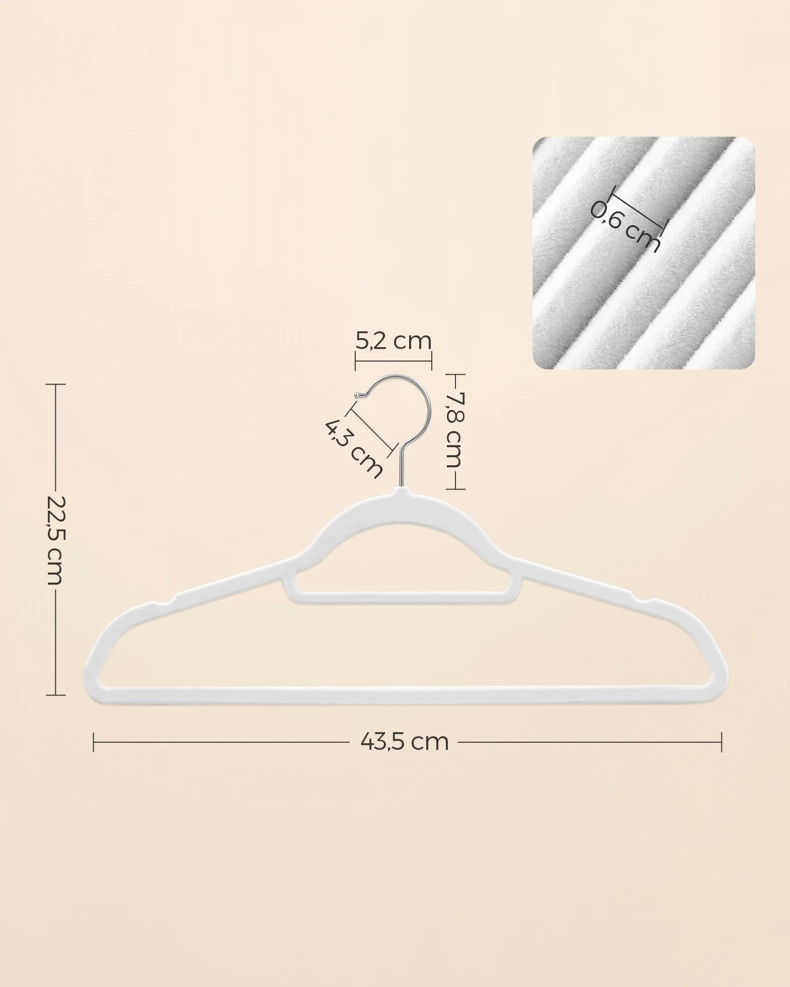 SONGMICS CRF020W02 Wieszak na ubrania, aksamitny, zestaw 50 sztuk, antypoślizgowy, mały drążek na krawat, hak obracany o 360°, grubość 0,6 cm, 43,5 cm długości, srebrno-biały