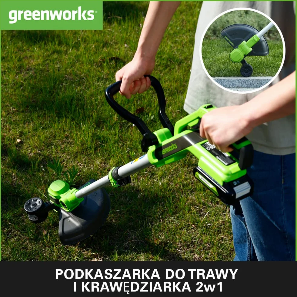 Greenworks G24LT30K2 Akumulatorowa Podkaszarka do Małych i Średnich Ogrodów, Szerokość Cięcia 30 cm, Automatyczny Wysuw Żyłki Nylonowej 1,65 mm, Bateria 24V 2Ah i Ładowarka