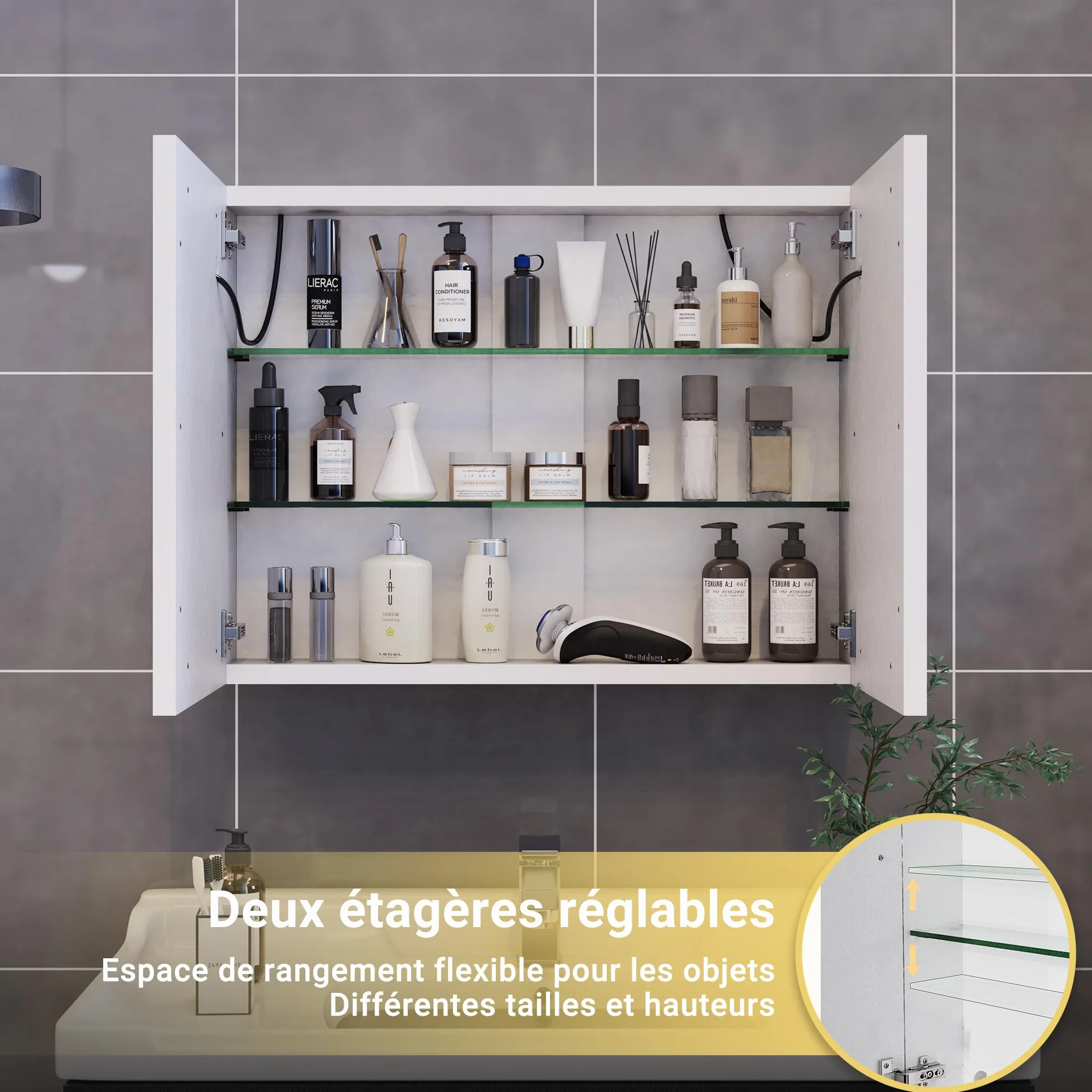 Szafka łazienkowa z lustrem i oświetleniem LED, szafka toaletowa z lustrem 80 x 13,5 x 60 cm z miejscem do przechowywania, przeciwmgielna, do łazienki, kuchni, a nawet salonu (podwójne drzwi)