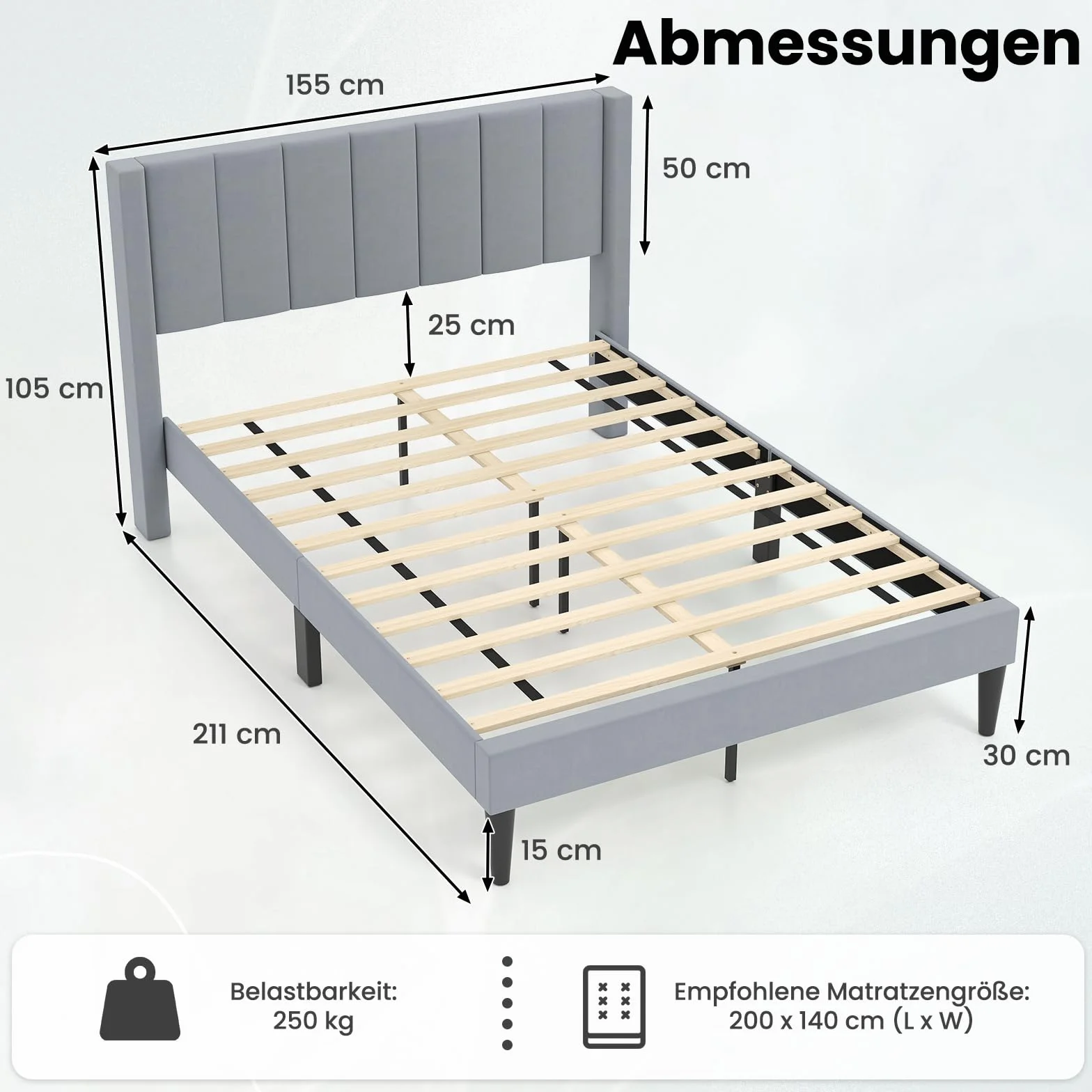 COSTWAY Rama łóżka na materac 200 x 140 cm, tapicerowany stelaż łóżka dwuosobowego, łóżko z podnóżkiem z zagłówkiem, drewniana podpora, regulowane podkładki pod stopy, kolor szary (Model I,L)