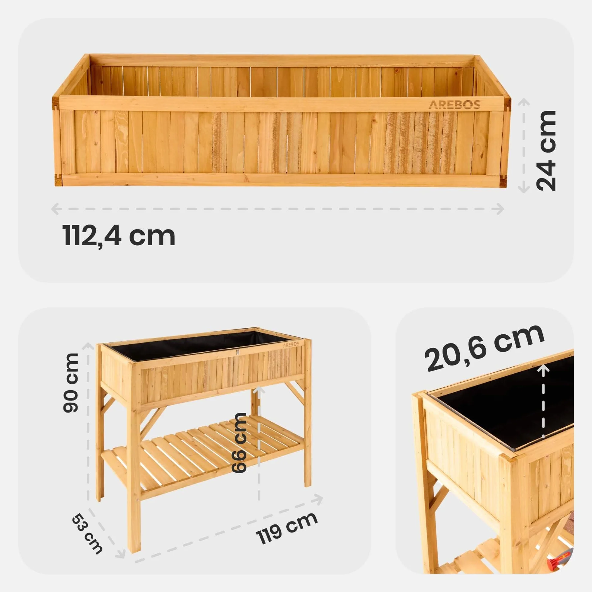 Arebos podwyższona grządka z drewna z półką | do ogrodu, balkonu i tarasu | wyposażona we wnętrze z włókniną ochronną | 119 x 53 x 90 cm | skrzynka do roślin i doniczka | grządka do sadzenia, inspekt