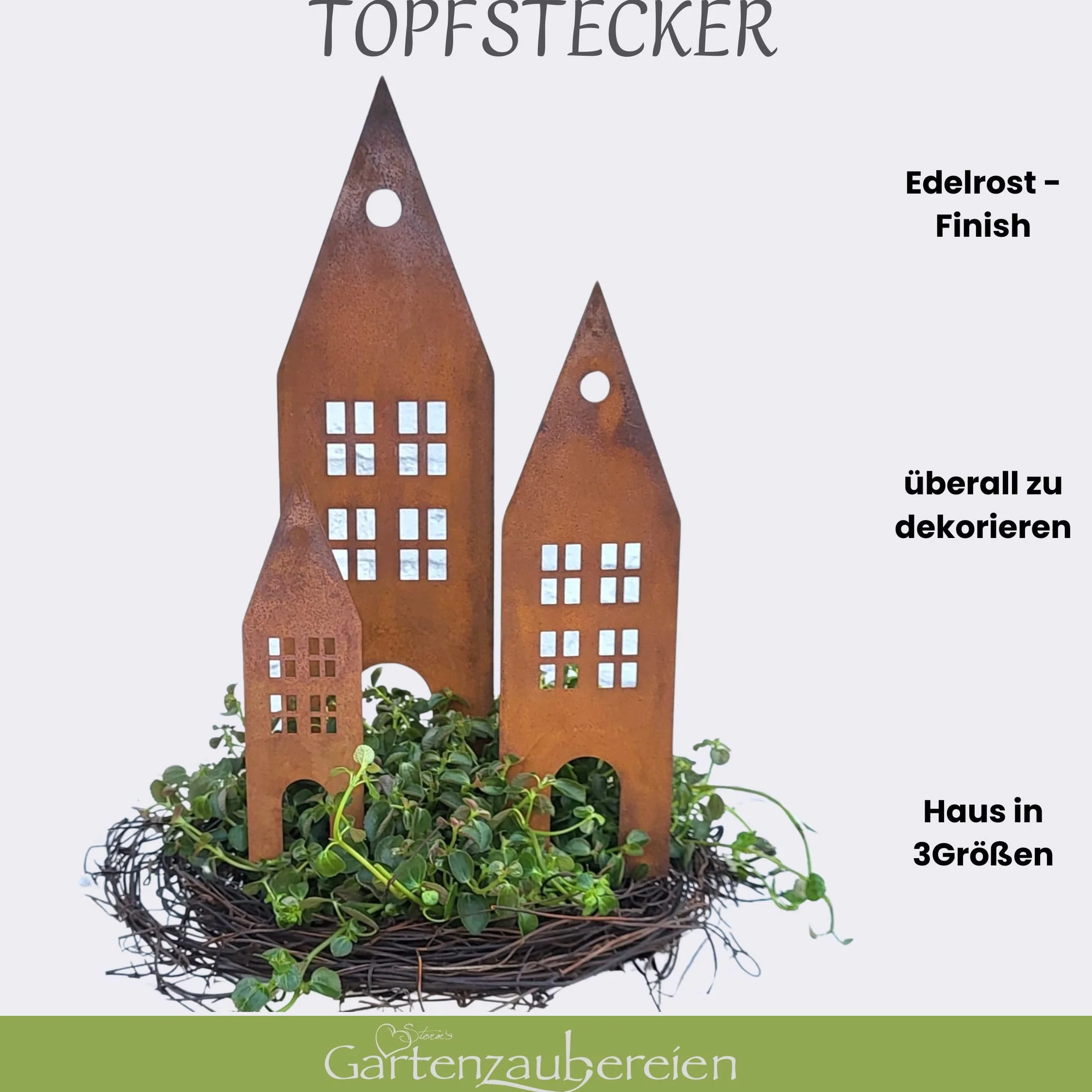 Storm's Gartenzaubereien Dekoracja - domek do wtykania w stylu rdzy, zestaw 3 sztuk, metal, nowoczesny, brązowy, zielony