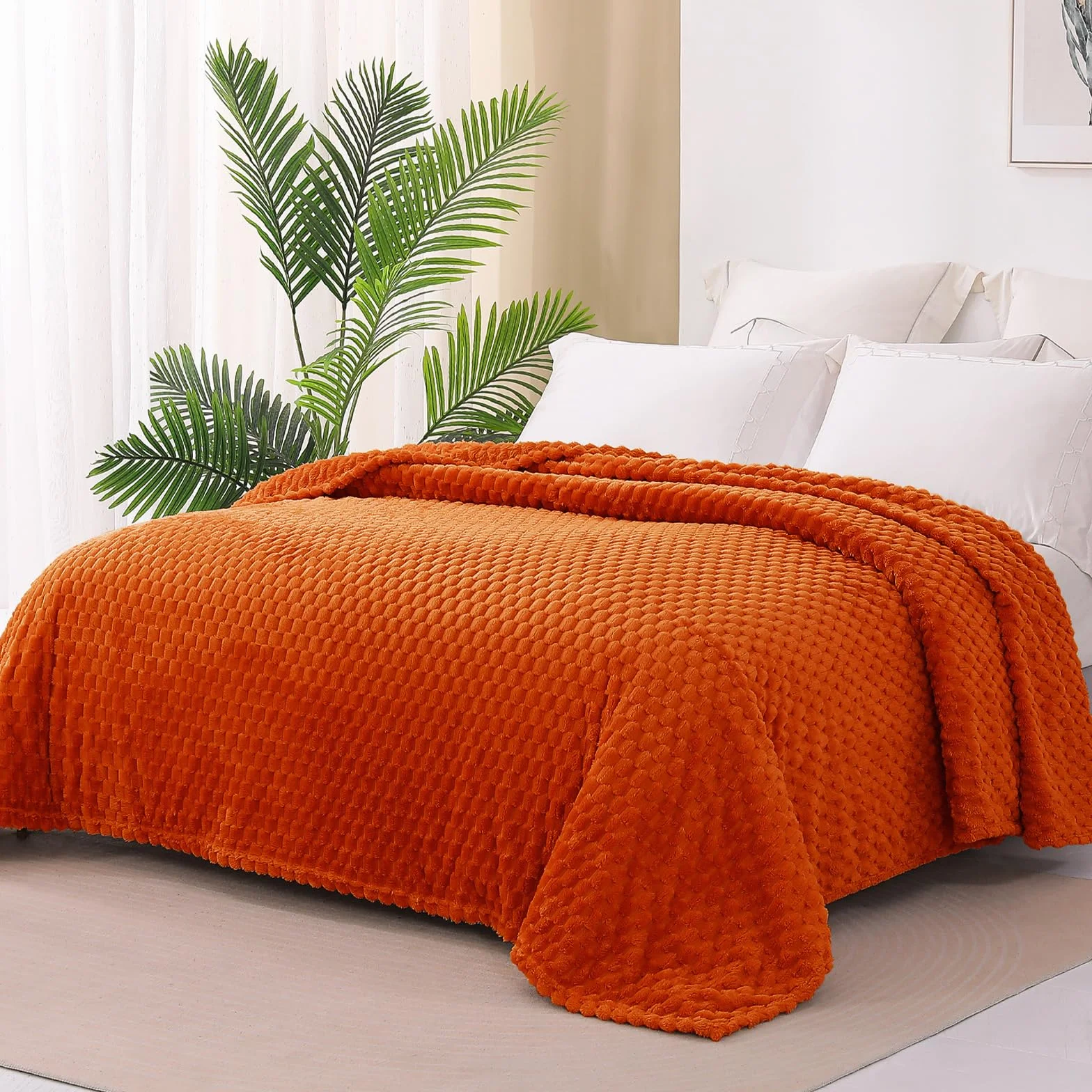 Exclusivo Mezcla Koc polarowy flanelowy w rozmiarze queen, 230 x 230 cm, stylowy żakardowy, aksamitny pluszowy koc na łóżko, przytulny, ciepły, lekki i dekoracyjny koc palony pomarańczowy