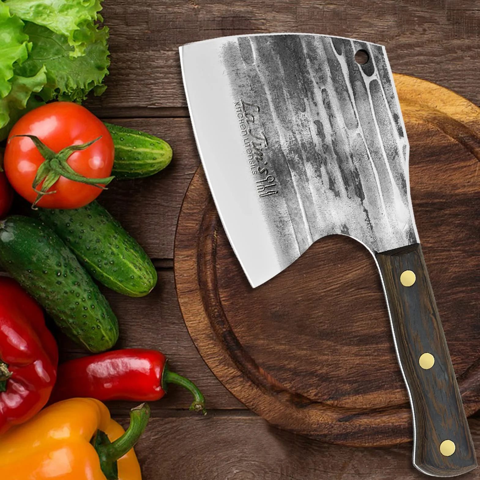 Ręcznie kuty nóż do mięsa ze stali węglowej 0.85kg, nóż rzeźny do kości, uchwyt z litego drewna