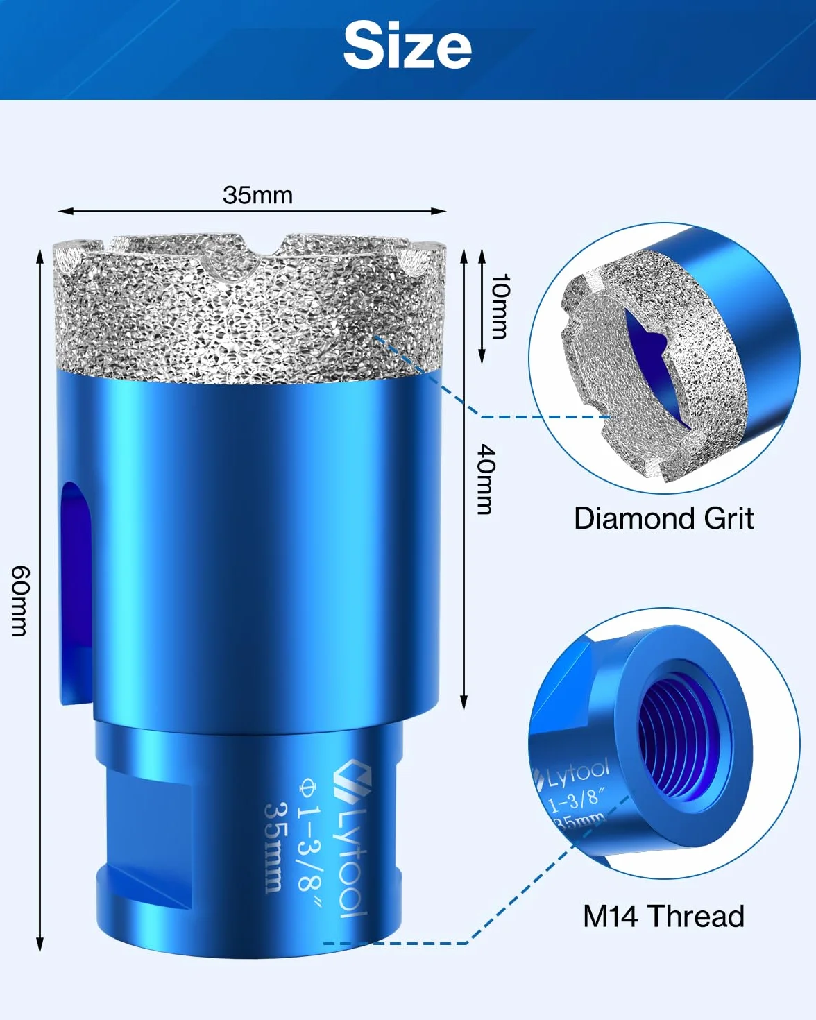 Lytool diamentowe wiertło do płytek, 35 mm, wiertło diamentowe, otwornica do szlifierek kątowych M14 do wiercenia płytek, szkła, marmuru, granitu, gresu