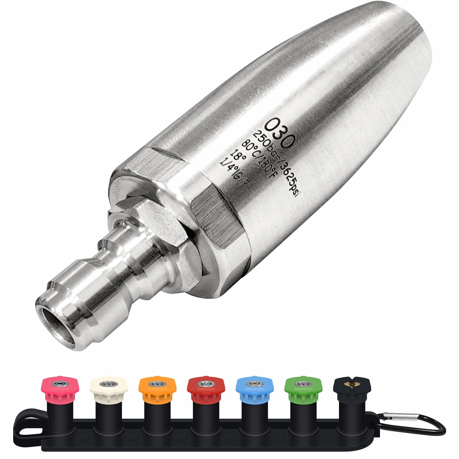 Dysza turbo ze stali nierdzewnej 3600 PSI do myjki ciśnieniowej, obracająca się o 360° dysza myjki ciśnieniowej z szybkozłączką 1/10.2 cm, 7 końcówek dysz z uchwytem na dyszę, ciepła i zimna