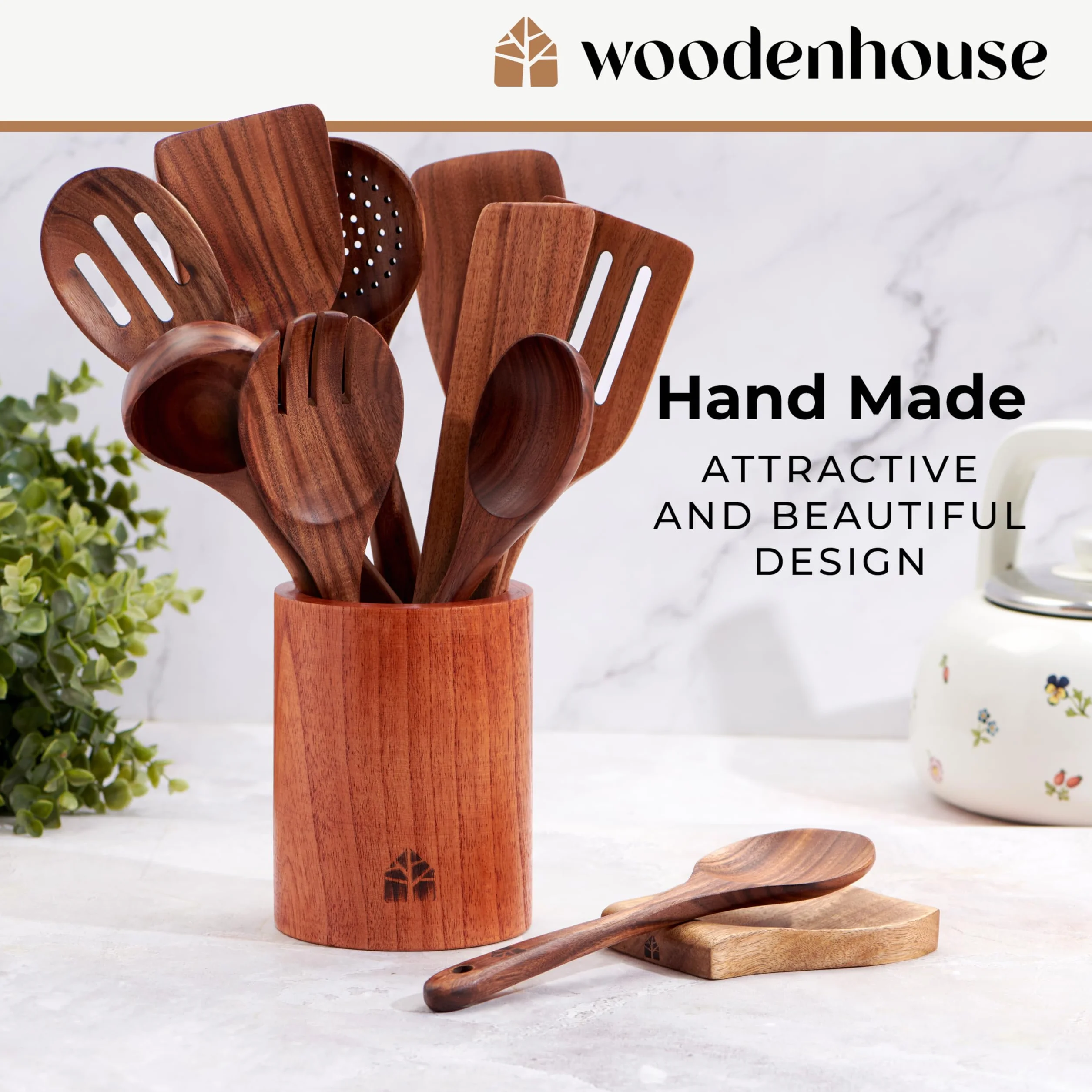 Teak Wooden Spoons for Cooking Set with Holder - 12pcs Nonstick Kitchen Utensils by Woodenhouse