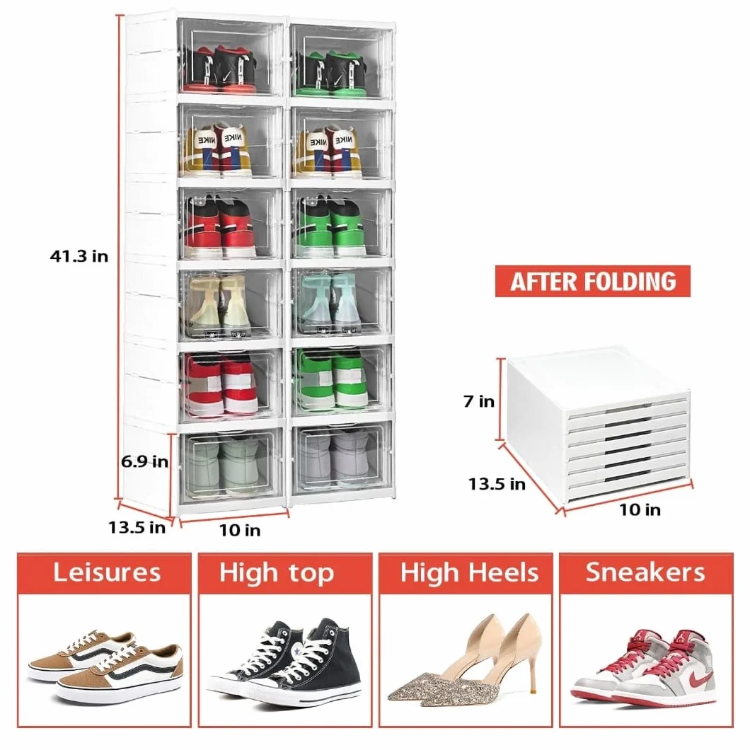 BDIT AKCESORIA Pudełka na buty - Plastikowy organizer na buty, 6 przezroczystych pudełek do przechowywania z twardego plastiku, stojak na buty z magnetycznym uchwytem, organizer na buty szafa