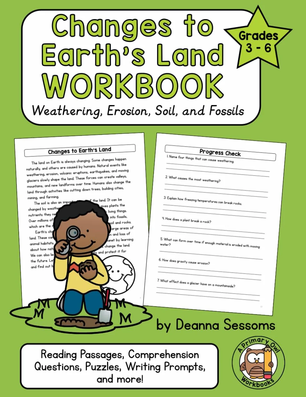 Changes to Earth's Land Workbook for Kids | Weathering, Erosion, Soil and Fossils Grades 3 - 6 | Reading Passages, Comprehension Questions, Wordsearches and STEM Project