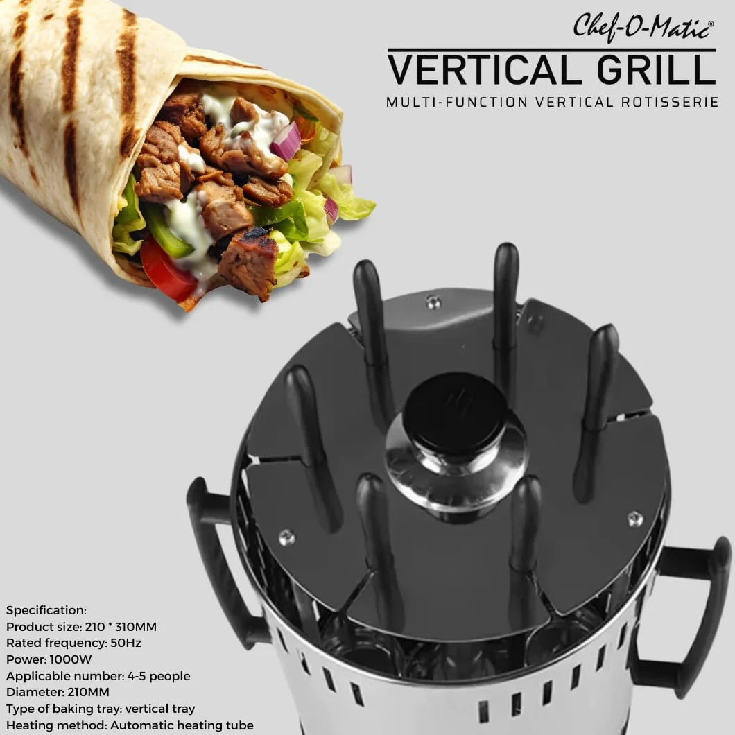 Chef O Matic Pionowy grill elektryczny 1000 W 6 szpikulców automatyczny obrót 360°