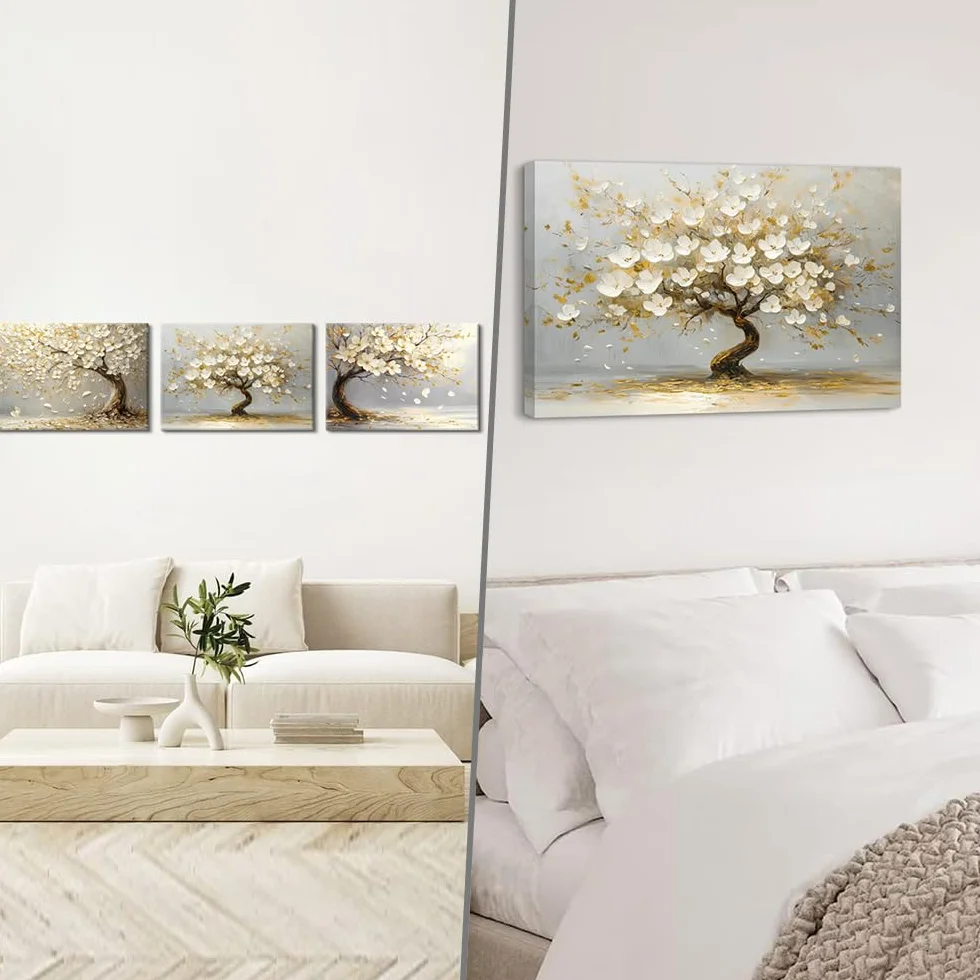 Piy Painting Obraz ścienny na płótnie, stare drzewa, obraz dekoracyjny, biały kwiat, plakat artystyczny, łatwy do zawieszenia do sypialni, salonu, kawiarni, studia jogi, 3 panele 58 x 40 cm/174 x 40