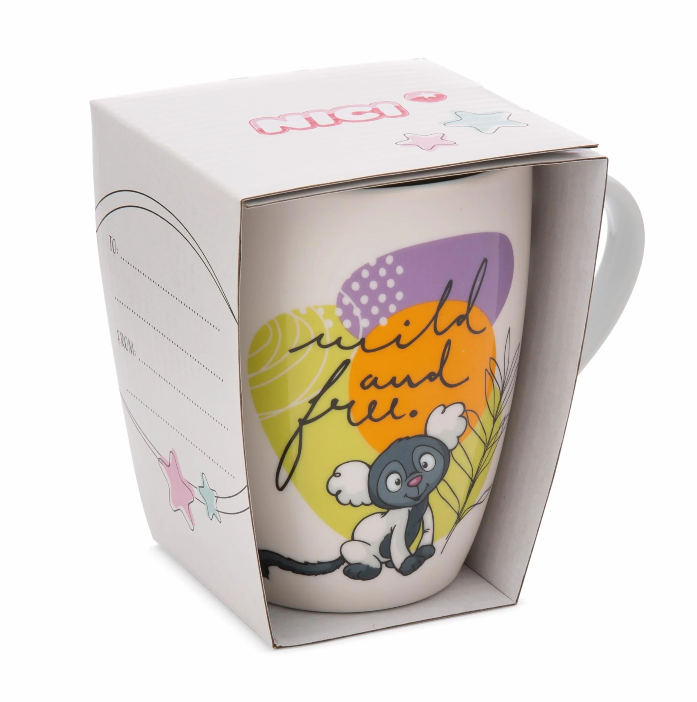 Porcelanowy kubek Ryś & małpka Lemur 310 ml 8x10 cm z banderolą beżowy