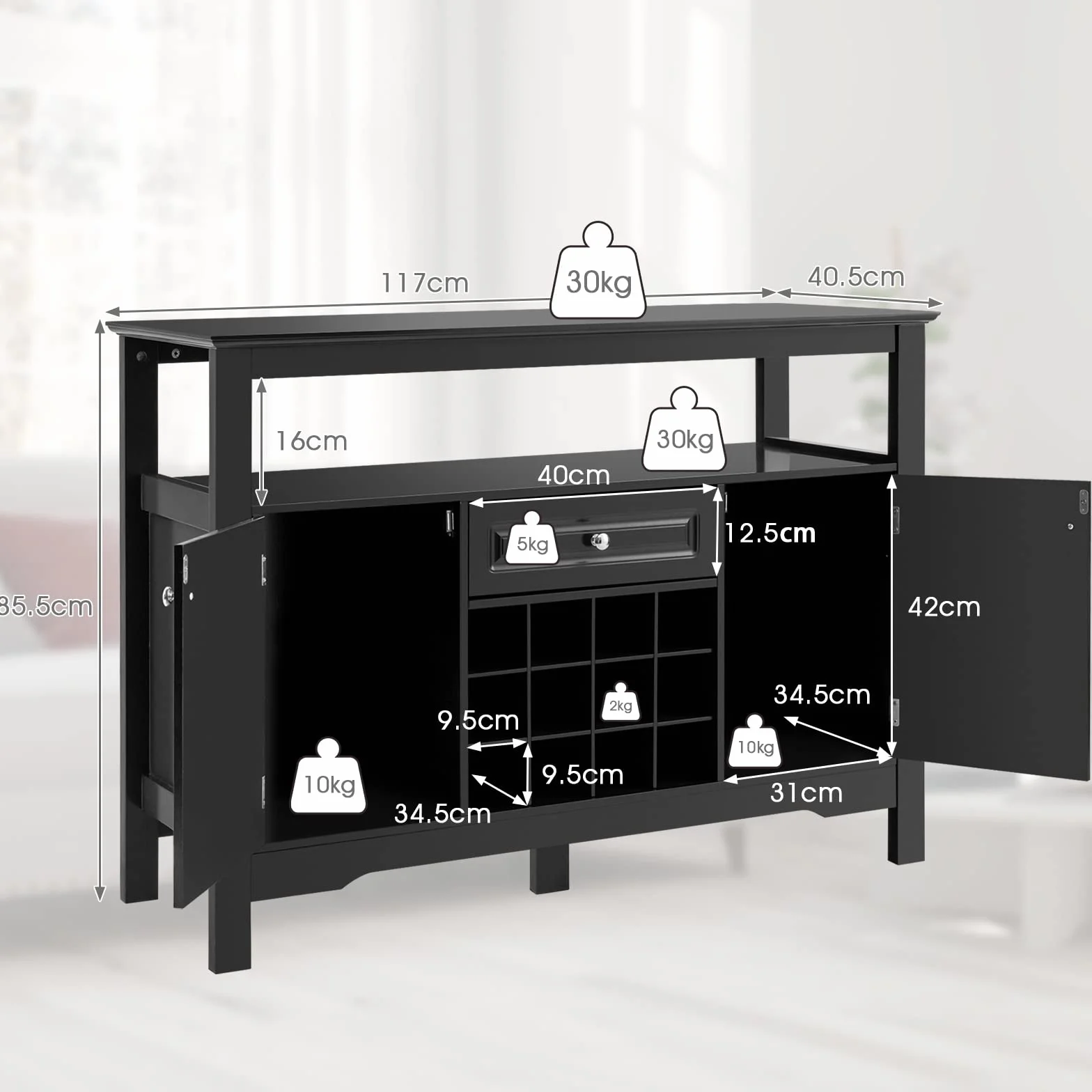 Giantex Stół na butelki, 2 półki, 12 butelek, piwnica z 1 szufladą i 2 drzwiami, Uchwyt na butelkę do przechowywania i wystawiania wina, 116x40x82cm, 3 kolory (czarny)