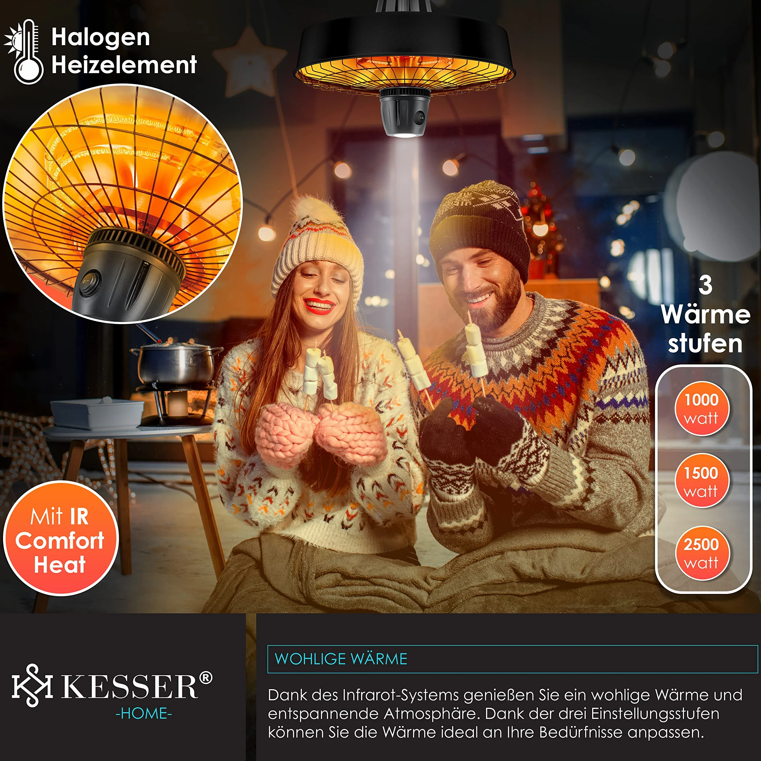 KESSER® Grzejnik sufitowy na podczerwień, 2500 W, promiennik tarasowy, z pilotem zdalnego sterowania, kwarcowy, światło LED, sufit, z łańcuszkiem i karabińczykiem, element grzejny z włókna węglowego