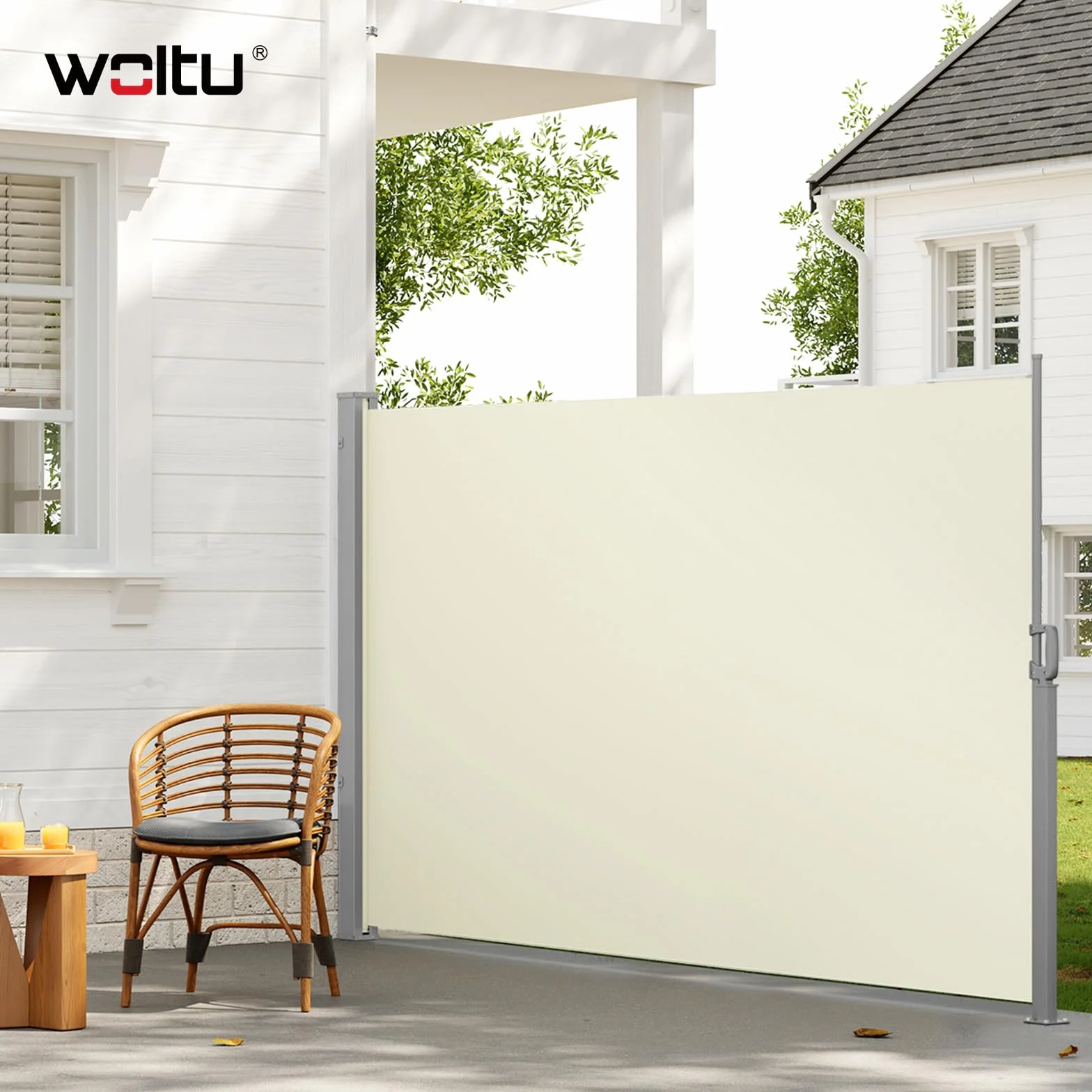 WOLTU Parawan zewnętrzny, wysuwana roleta boczna, 160 x 350 cm, osłona przeciwsłoneczna i ochrona przed wiatrem, do ogrodu, balkonu, tarasu, patio, kremowej