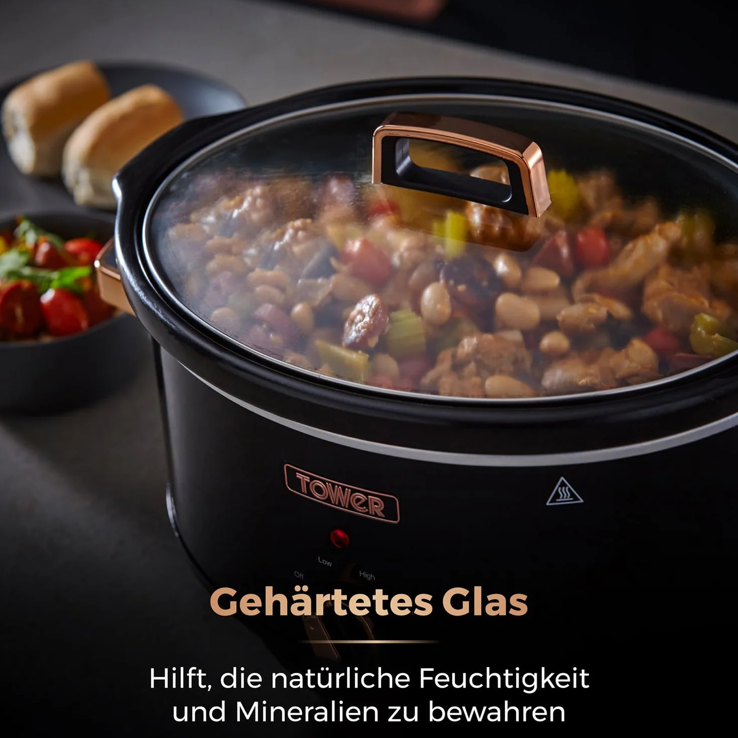 Tower T16019RG Slow Cooker Infinity z 3 ustawieniami gotowania i funkcją utrzymywania ciepła, urządzeń kuchennych, 6,5 l, 270 W, czarno-różowe złoto
