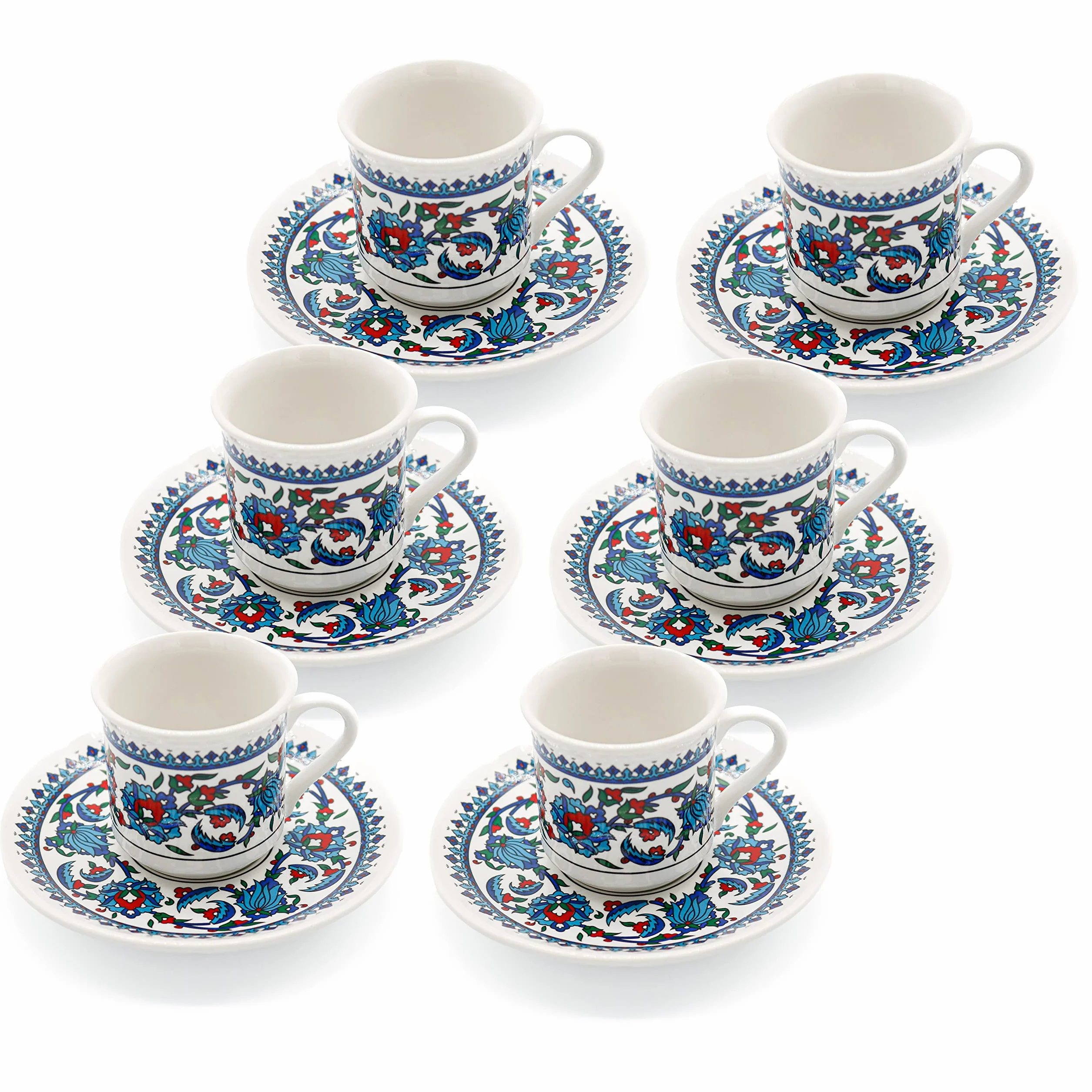 Zestaw 6 ceramicznych filiżanek do kawy ze spodkami, do espresso, mycie w zmywarce