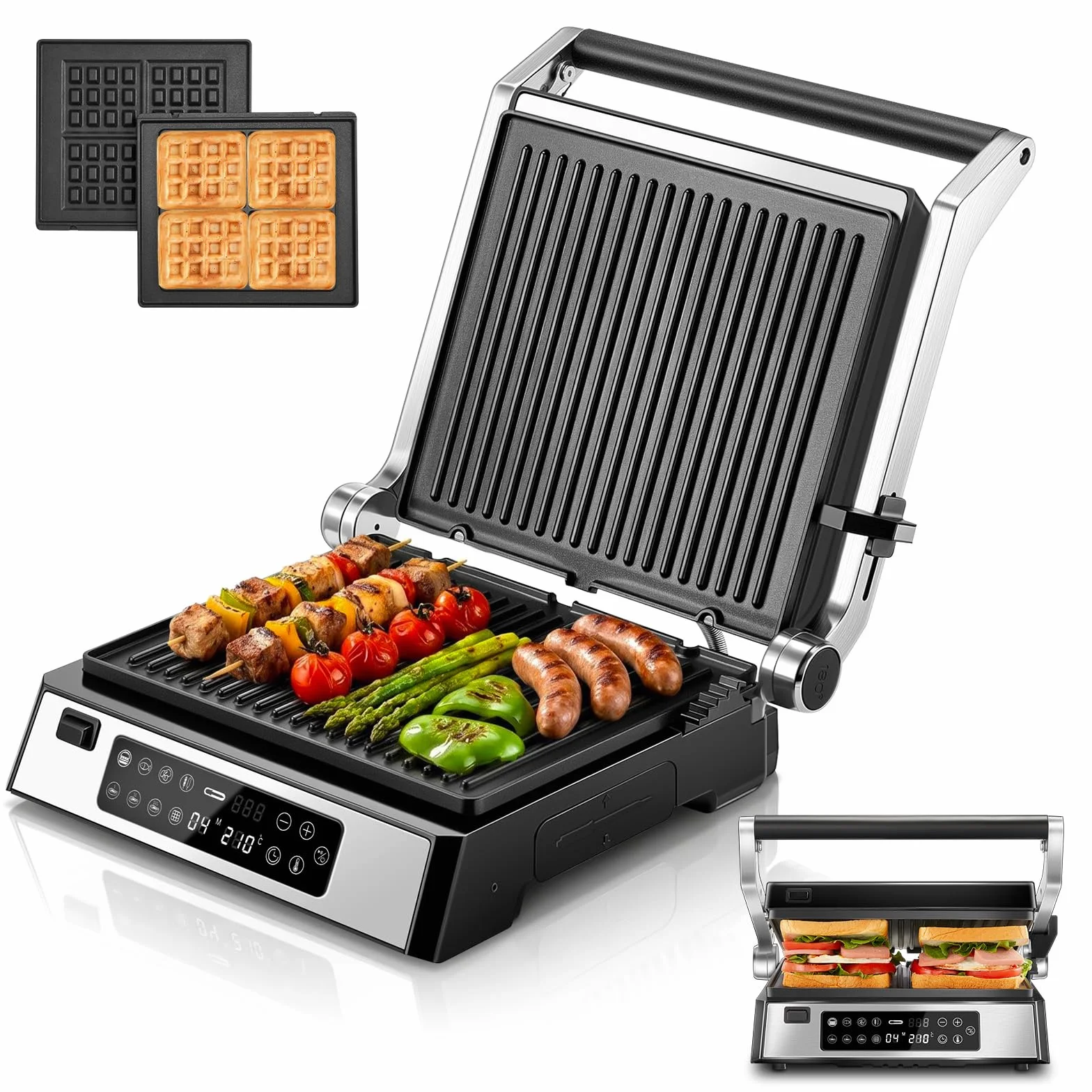 FOHERE Grill kontaktowy XL, wielofunkcyjny, opiekacz do kanapek i gofrownica 4 w 1, 2200 W, z 4 zdejmowanymi płytami z powłoką zapobiegającą przywieraniu, indywidualny czas i temperaturę, wskaźnik LED