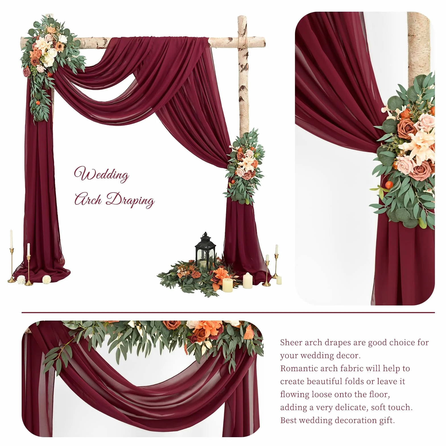 Showgeous łuk ślubny zasłona zasłona tkanina 2 panele 73 x 610 cm bordowy szyfon tkanina draperia łuk ślubny zasłony szyfonowe czyste tło zasłony na wesele łuk dekoracje ceremonii