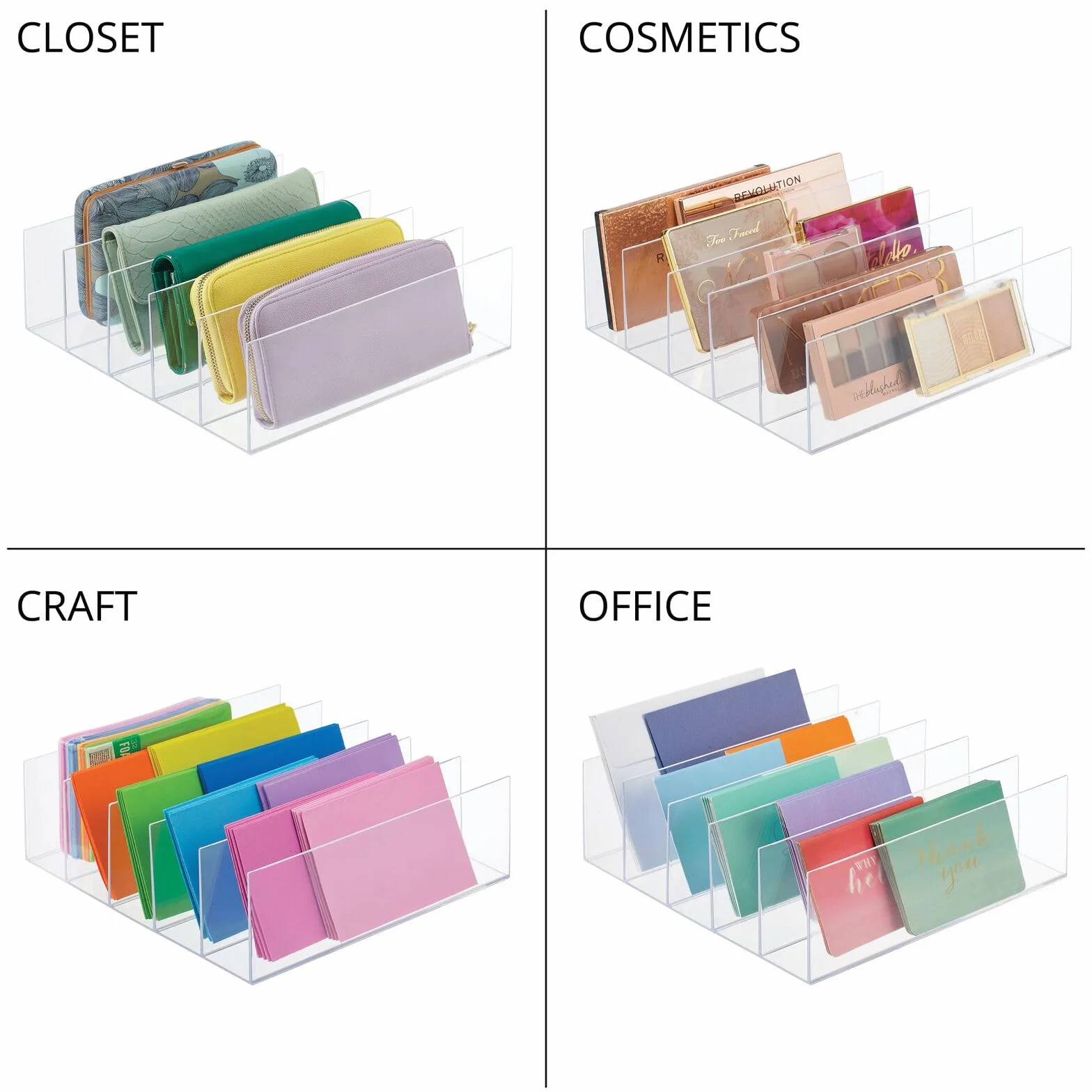 mDesign Plastikowy organizer do szafy – Elegancki i praktyczny stojak na torebki i inne akcesoria – Wielofunkcyjny organizer do garderoby, przedpokoju i szafy – 4-pack – Błękitny przezroczysty