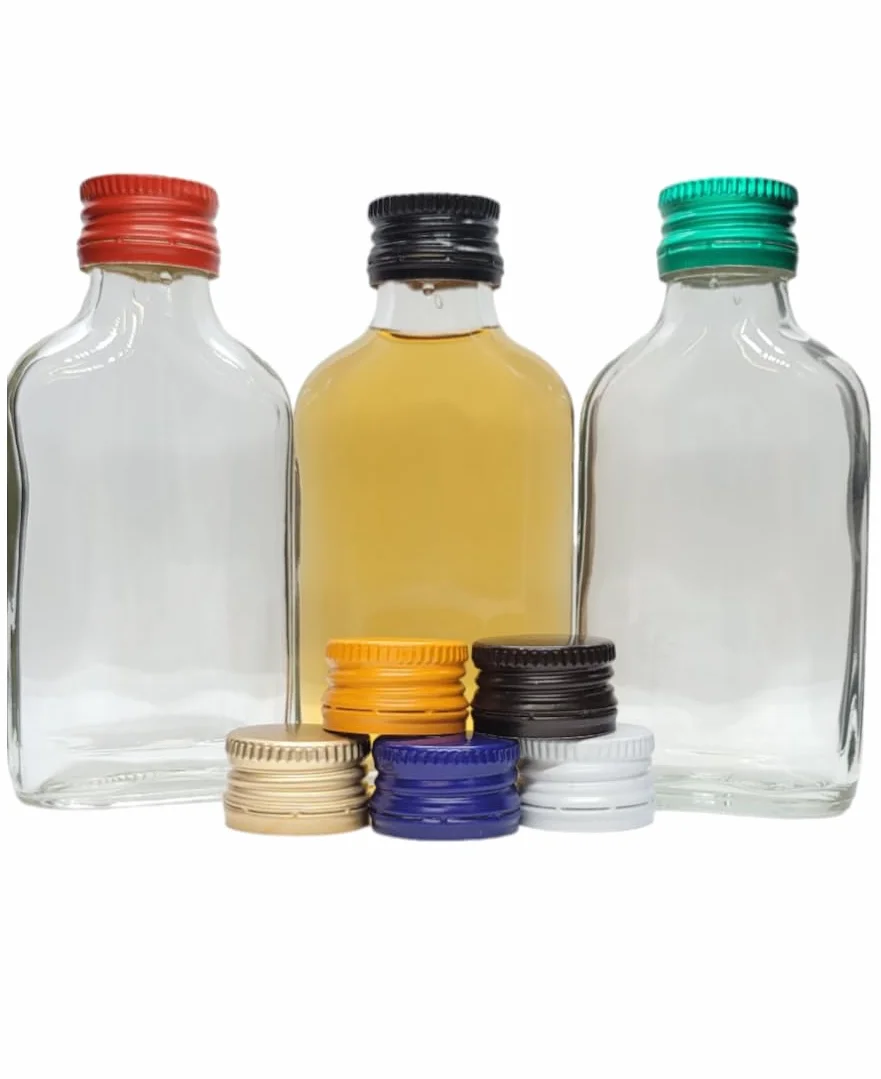20 x piersiówka, szklane butelki 100 ml (0,1 l) i metalowe zakrętki (skręć na pokrywkach) - domowy olej do warzenia ginu, ocet, wódka, wino - DIAH (butelka 20 x 100 ml + zakrętki mieszane)