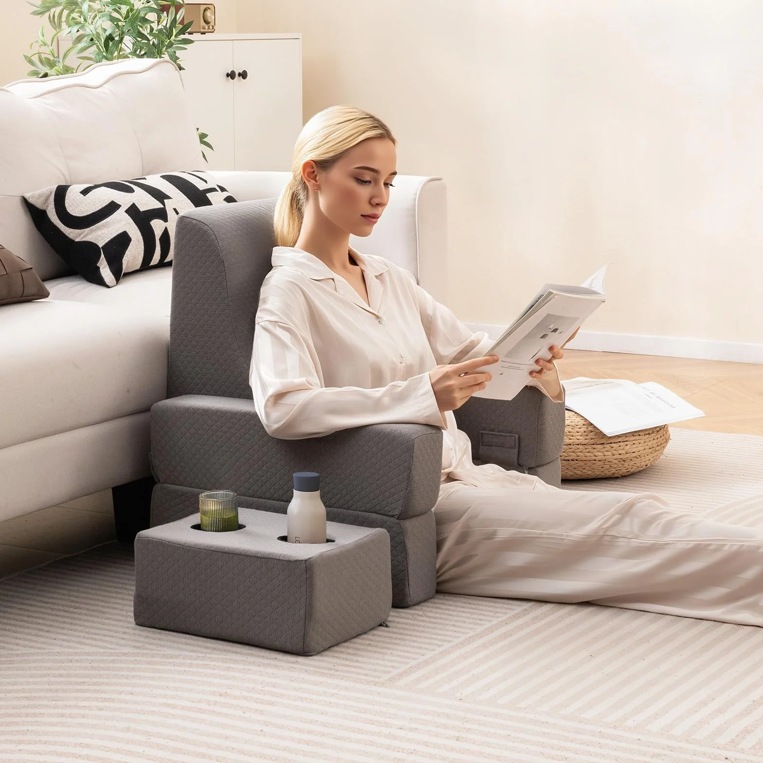 COSTWAY Poduszka do czytania na łóżko i sofę, poduszka na książki z uchwytem na napoje, ergonomiczna poduszka pod plecy z poszewką nadającą się do prania, poduszka na kolanach, swobodnie łączony