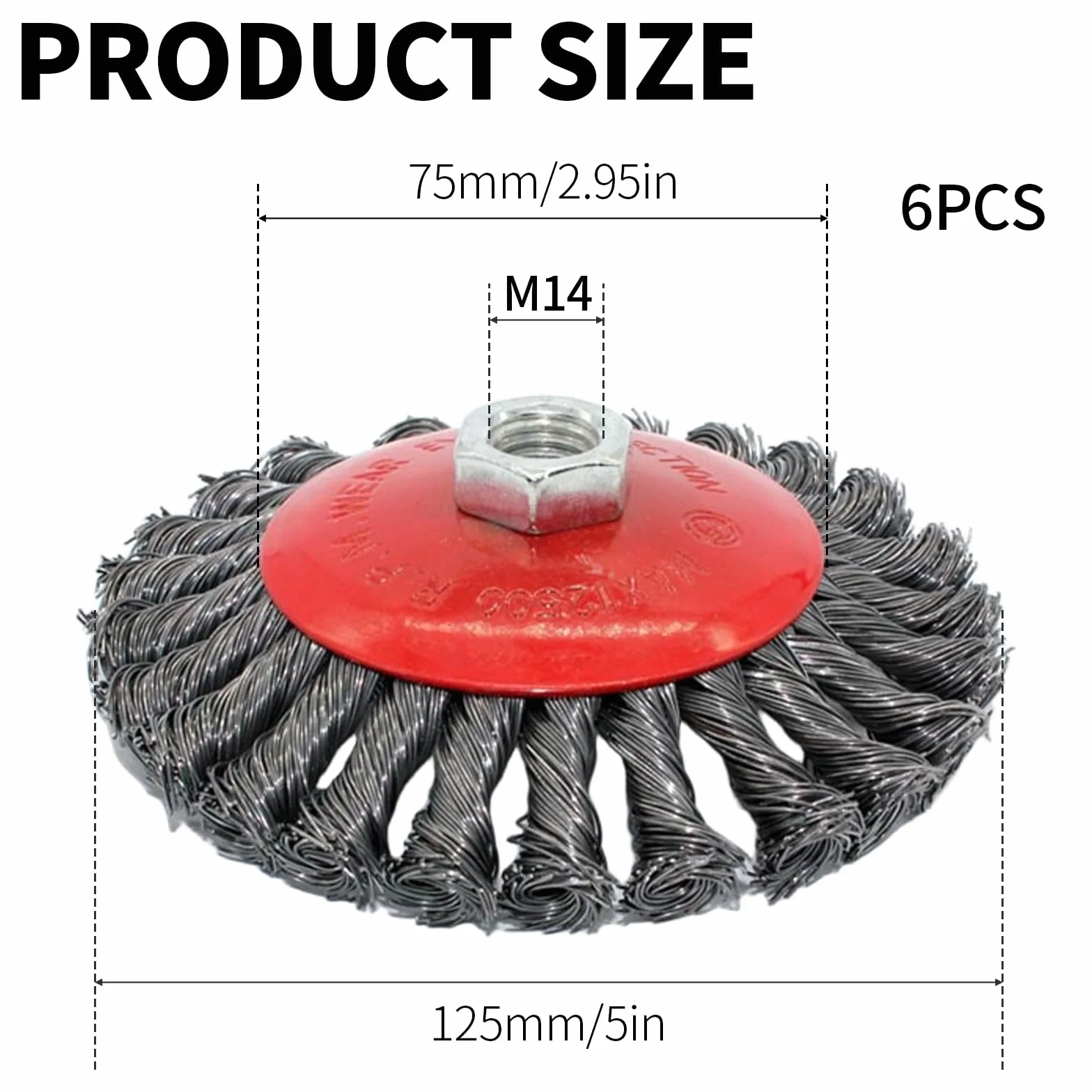 6 drucianych szczotek, szlifierka kątowa Ø 125 mm, szczotka garnkowa, M14, stalowa, stożkowa