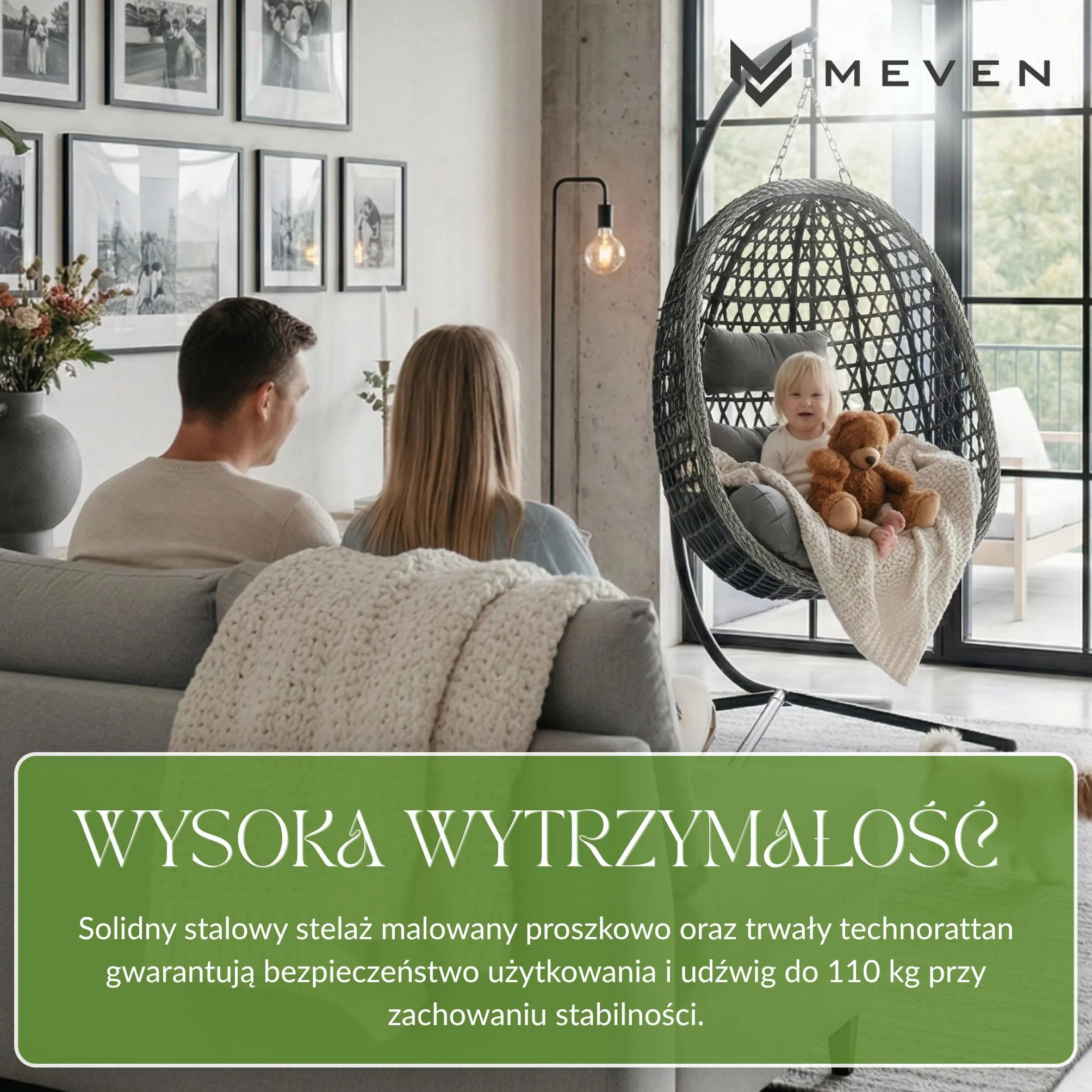 MEVEN AURA | Grafitowy Fotel Wiszący Ogrodowy Kokon na Stelażu | Kosz Technorattanowy Poduszki XXL Obciążenie 110kg | Nowoczesna Huśtawka na Taras Balkon i do Salonu Relaks Meble Ogrodowe Premium