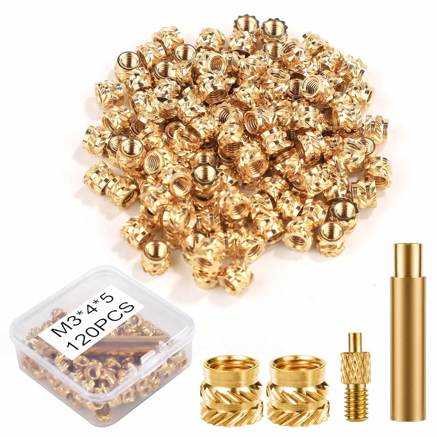 120 Sztuk Nakretki Mosiezne do Druku 3D, M3x4x5mm Wkladki Gwintowane Koncówka Wkladki Zestawu Grzewczego do M3 i 1 Adapter Spawalniczy Ciepla Kompatybilne z Zelazkami Weller SP40NUS i T18