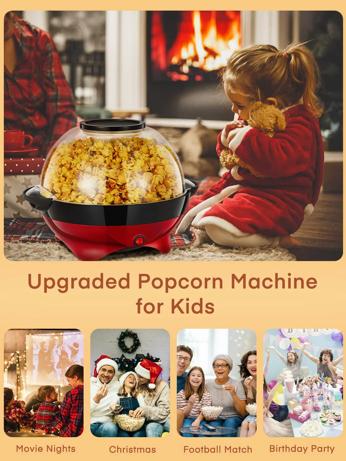 HOUSNAT maszyna do popcornu, duża pojemność 5,5 l, 800 W, z powłoką zapobiegającą przywieraniu i zdejmowaną powierzchnią grzewczą, cicha i szybka