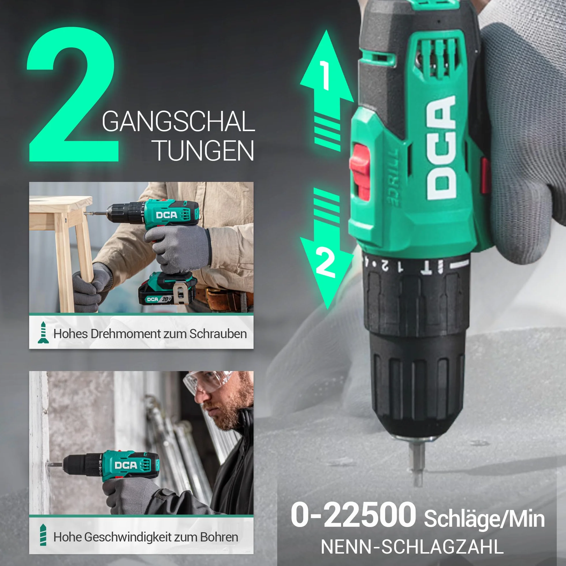 DCA Zestaw akumulatorowych wiertarek udarowych 20 V, 40 Nm, szybkozaciskowy uchwyt wiertarski 13 mm, 22500 uderzeń/min, 2 prędkości, 18 + 1+1, wiertarko-wkrętarka udarowa z 14 bitami do cegły, metalu