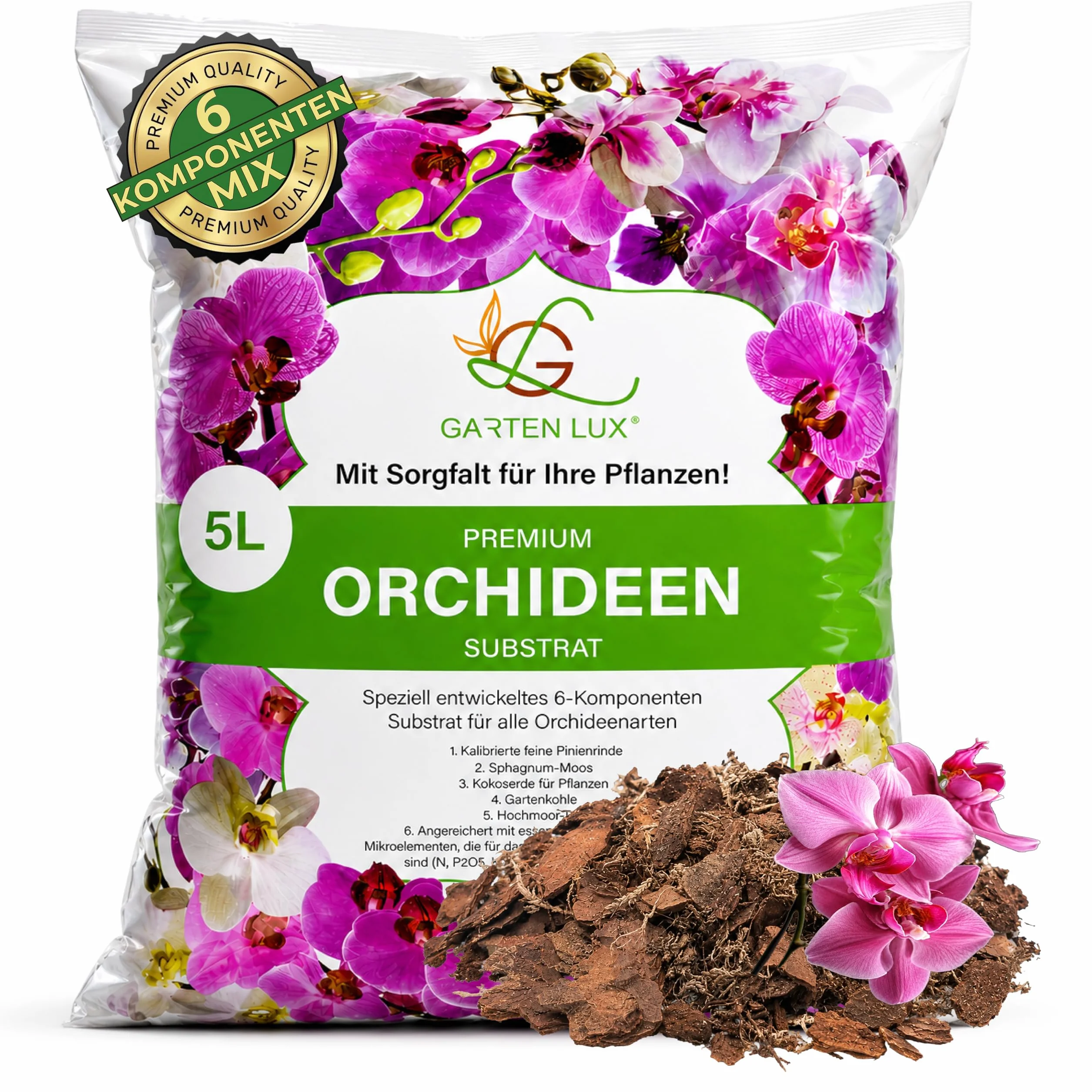 Garten Lux Premium ziemia do storczyków, 5 l, 6 komponentów, podłoże dla zdrowego wzrostu i optymalnej pielęgnacji roślin storczyków, idealne podłoże dla wszystkich rodzajów storczyków