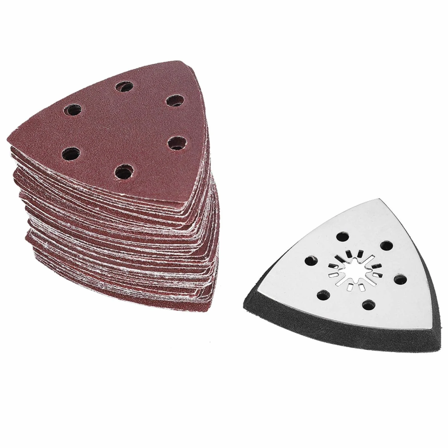 Tr¨®jk?tna podk?adka szlifierska z 6 otworami, 60 szt. papier ?cierny Multitool do drewnianej sk¨®ry gumowej, tarcze szlifierskie, narz?dzia do polerowania oscylacji, uchwyt na podk?adk?
