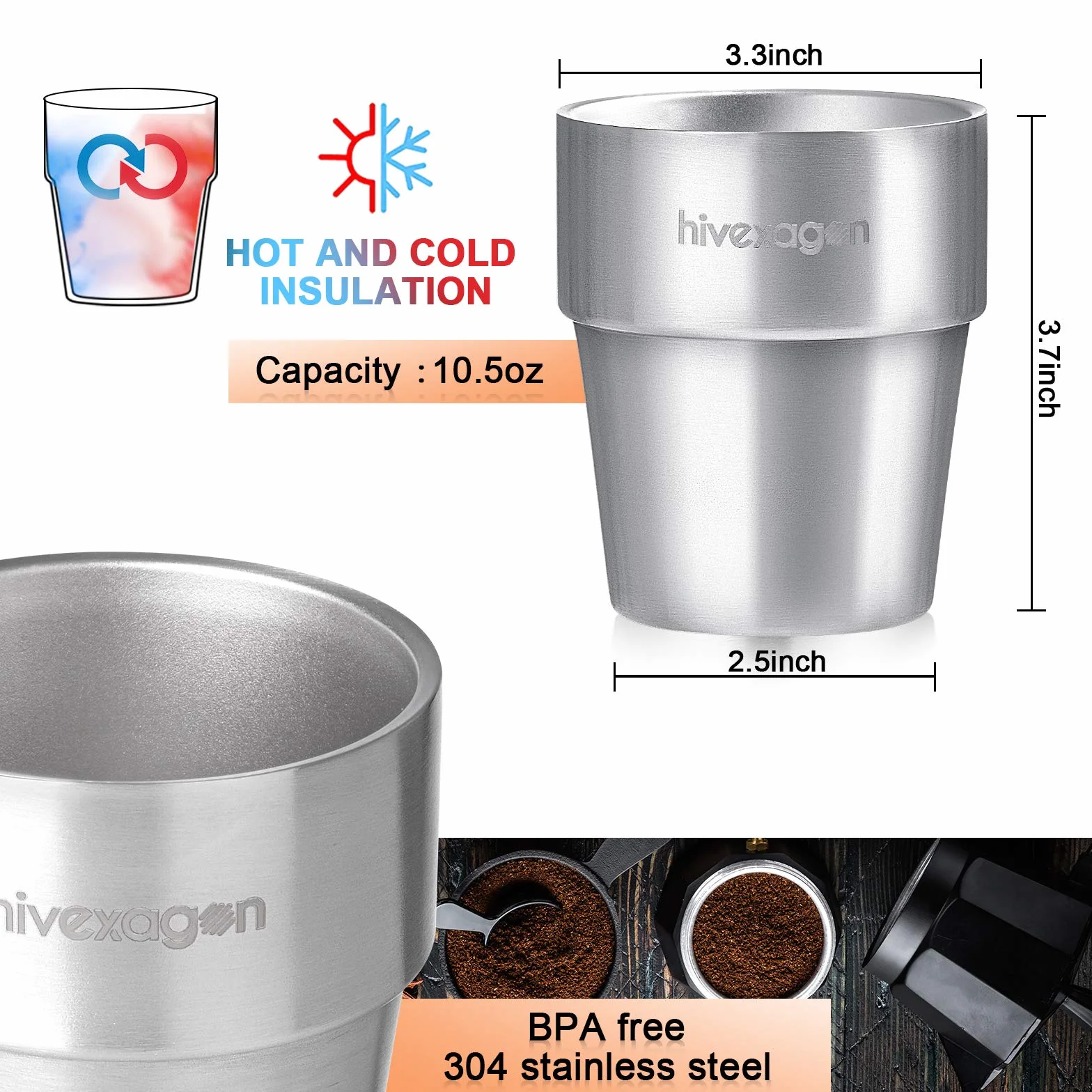 Hivexagon Kubki ze stali nierdzewnej 300 ml zestaw 4 sztuk podwójne ścianki
