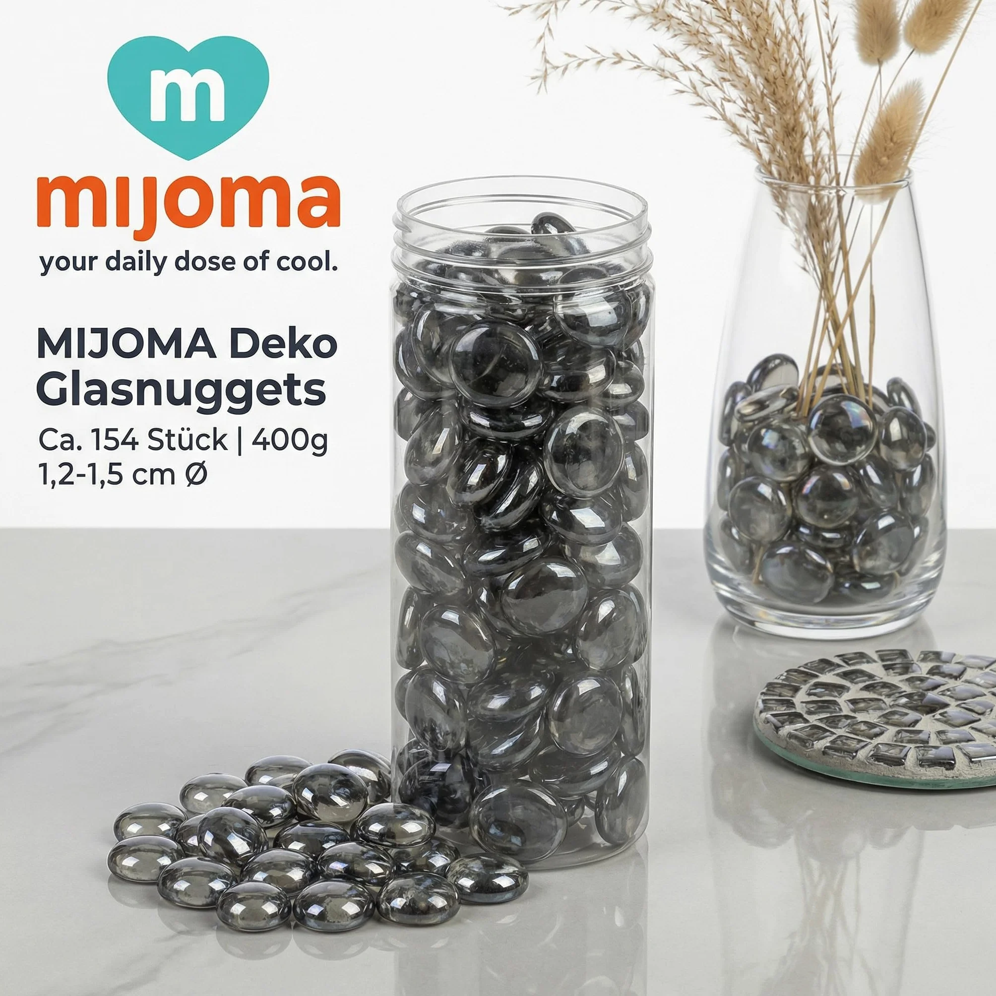 MIJOMA Dekoracyjne szklane nuggety ok. 154 sztuki – kamienie dekoracyjne ze szkła 400 g – okrągłe szklane kamienie do majsterkowania, wazony, dekoracja stołu "zrób to sam", do akwarium – kamienie Home