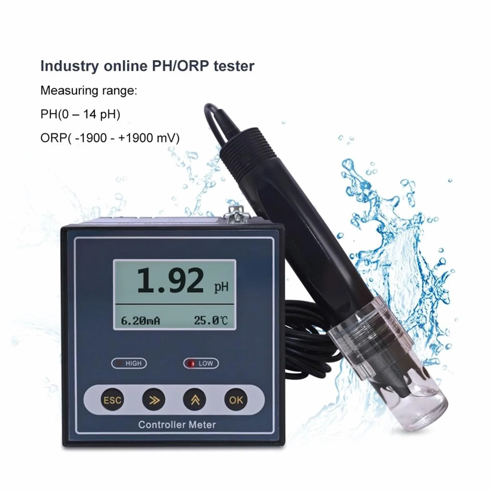Tester wody, Przemysłowy kontroler PH Monitor miernika ORP Cyfrowy 0,02 pH 1 mV Alarm kontrolny górnego dolnego limitu Tester PH do kranu, akwarium,(Only Controller)