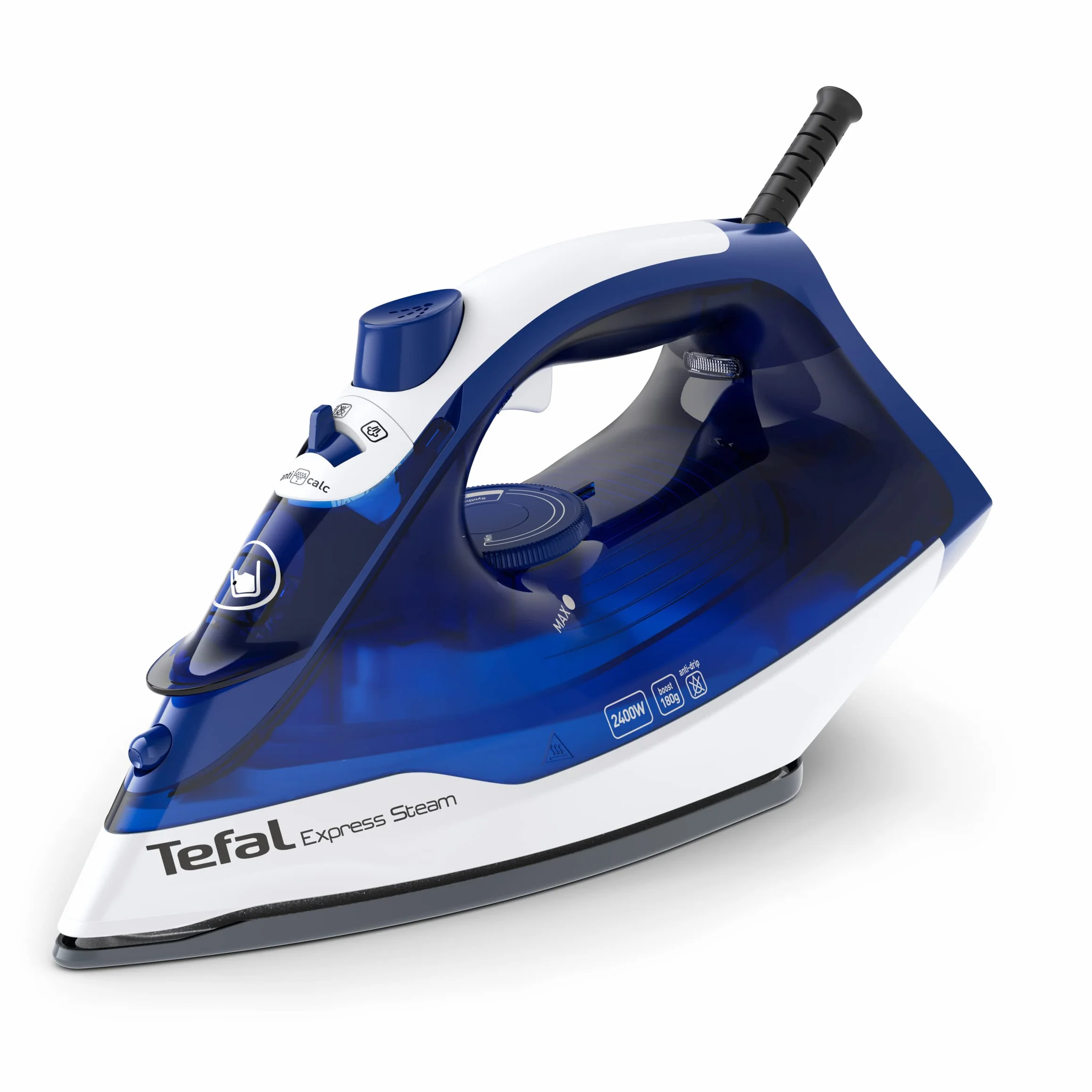 TEFAL FV2838 EXPRESS STEAM żelazko parowe, regulacja ilości pary 40 g/min, uderzenie pary 180 g/min, funkcja Anti-Drip, zbiornik na wodę 270 ml, 2400 W, niebiesko/białe