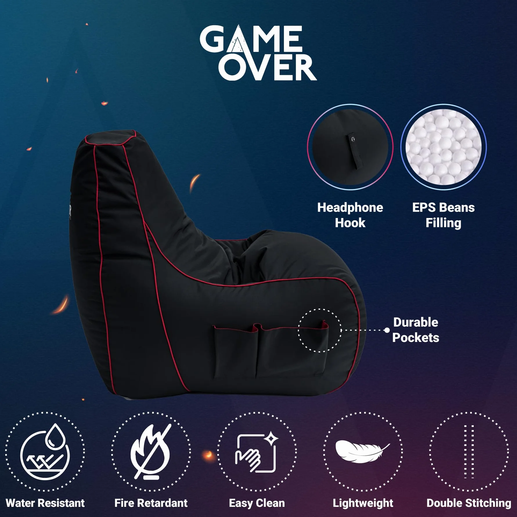 Game Over Fire Rune Fotel do gier wideo, do salonu, boczne kieszenie na kontrolery, uchwyt na słuchawki | ergonomiczna konstrukcja dla dedykowanego gracza