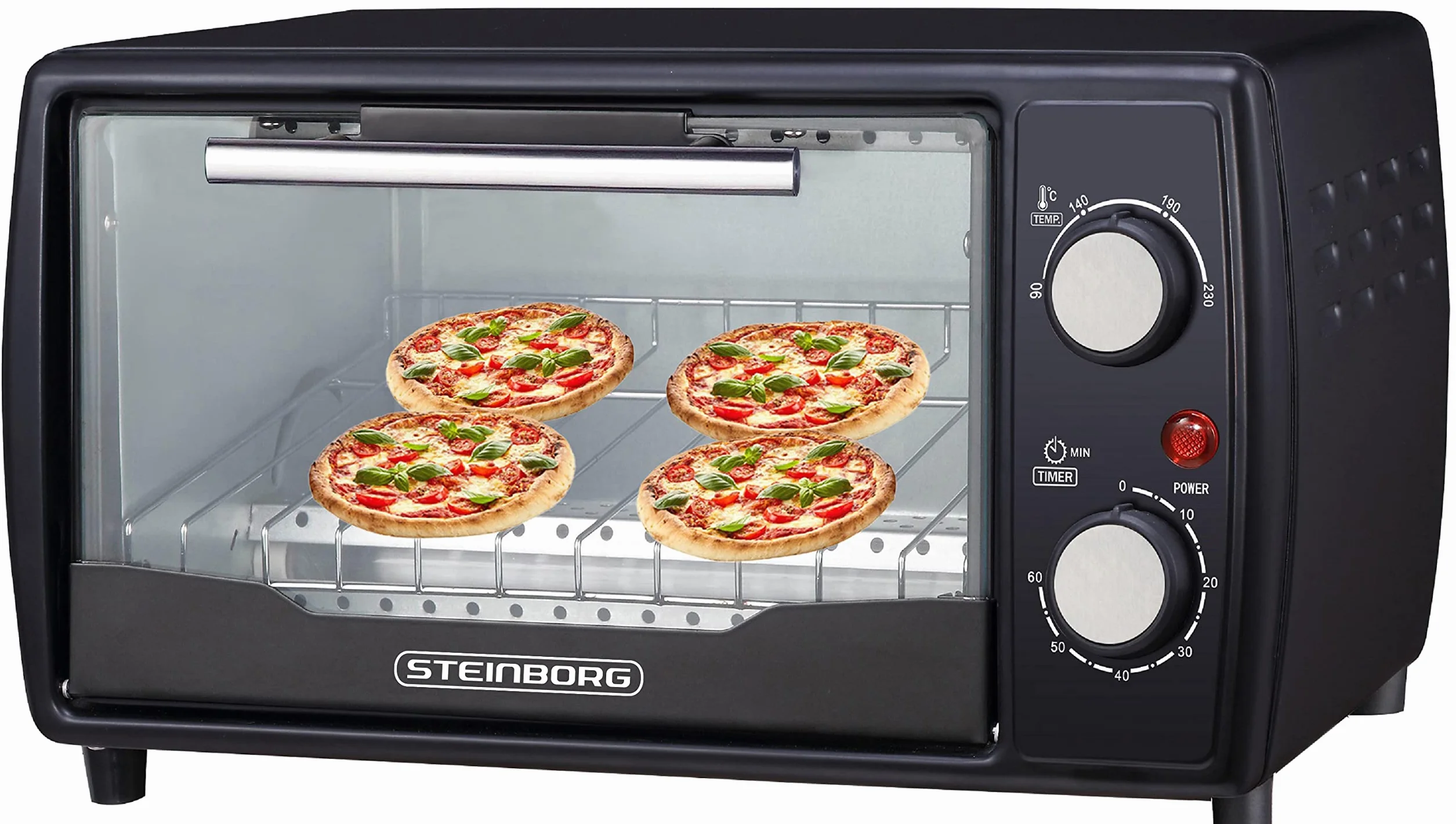 Mini piekarnik 1000 W, 10 litrów, z blachą do pieczenia i rusztem do pieczenia pizzy 90-230°C, timer 60 minut, wysuwana taca na okruchy, instrukcja obsługi (może nie być dostępna w języku polskim)