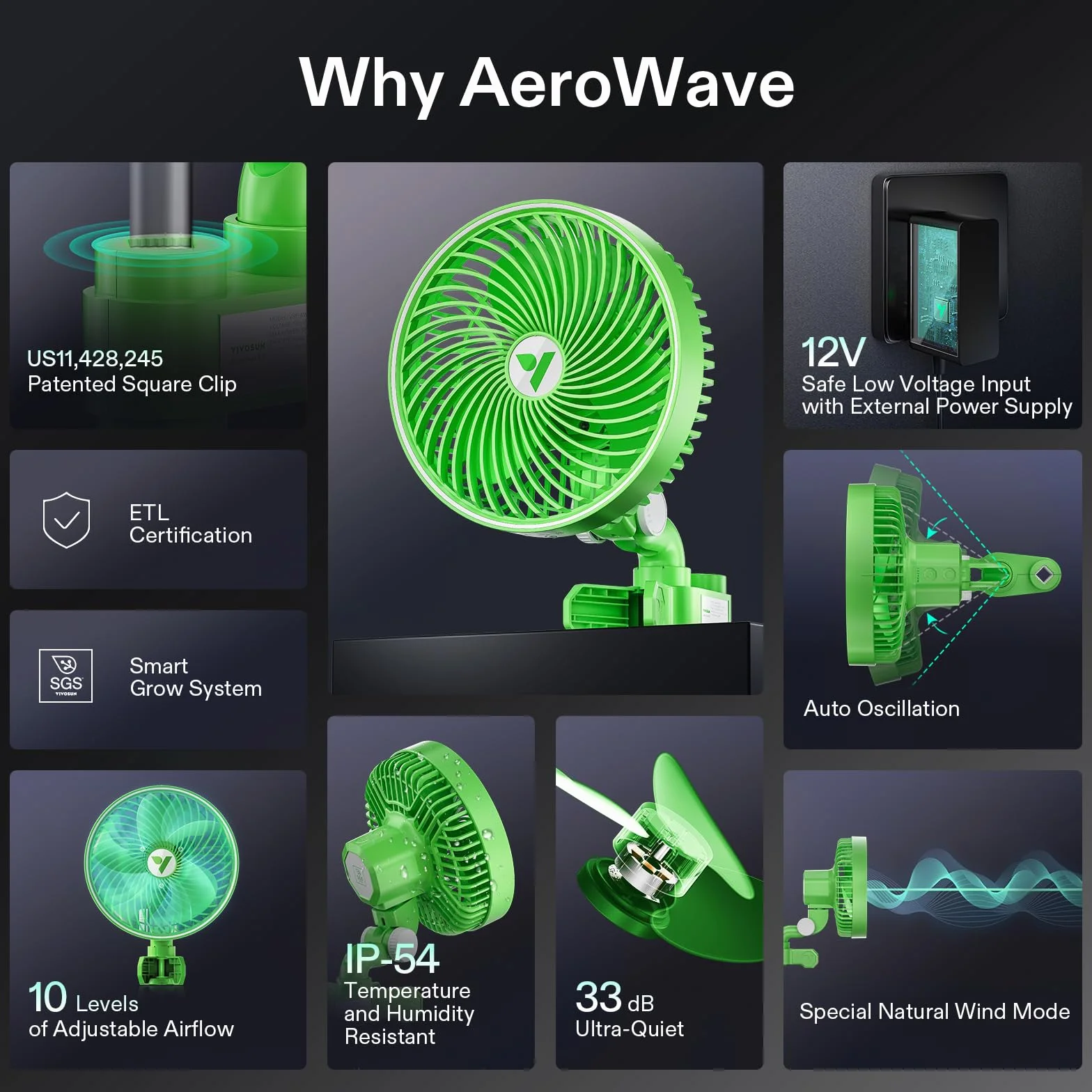 VIVOSUN AeroWave E6 Grow wentylator namiotowy 15 cm, silnik EC, inteligentne sterowanie Wi-Fi, opatentowany w USA, automatyczny wentylator oscylacyjny z klipsem, odporny na warunki atmosferyczne
