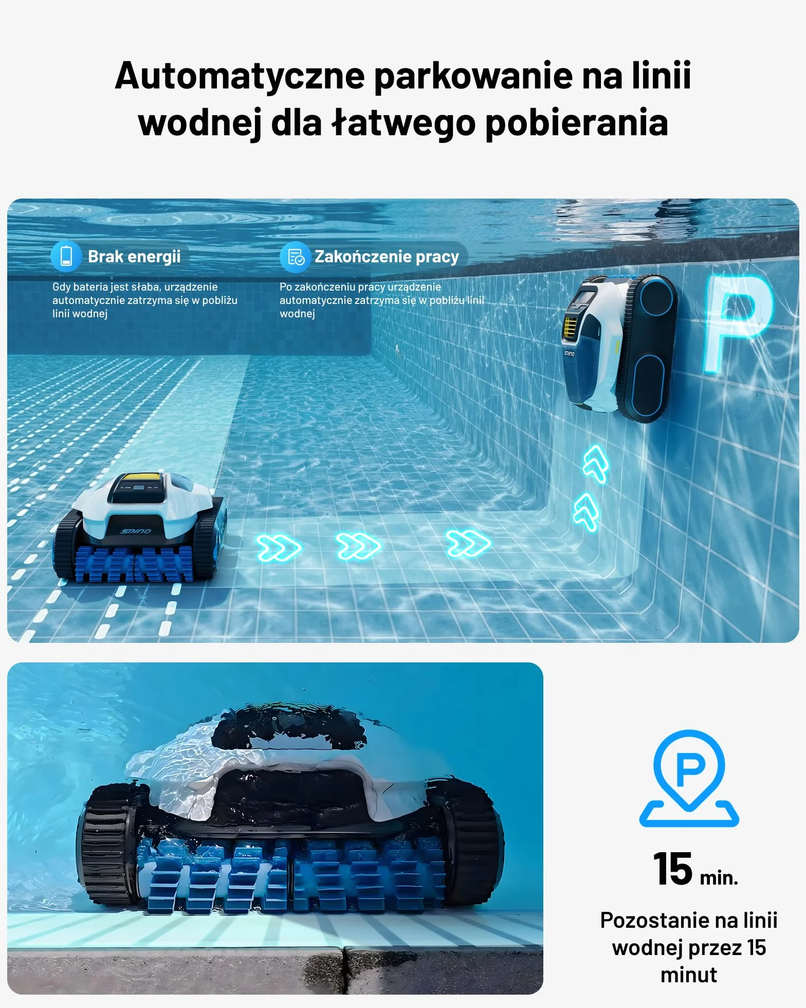 Bezprzewodowy robot basenowy SPINO E1, czas pracy 210 minut, wydajność 21950 l/h, 5 trybów pracy robota basenowego, czyszczenie ścian i linii wodnej, sterowanie aplikacją, ścieżka SmartArc