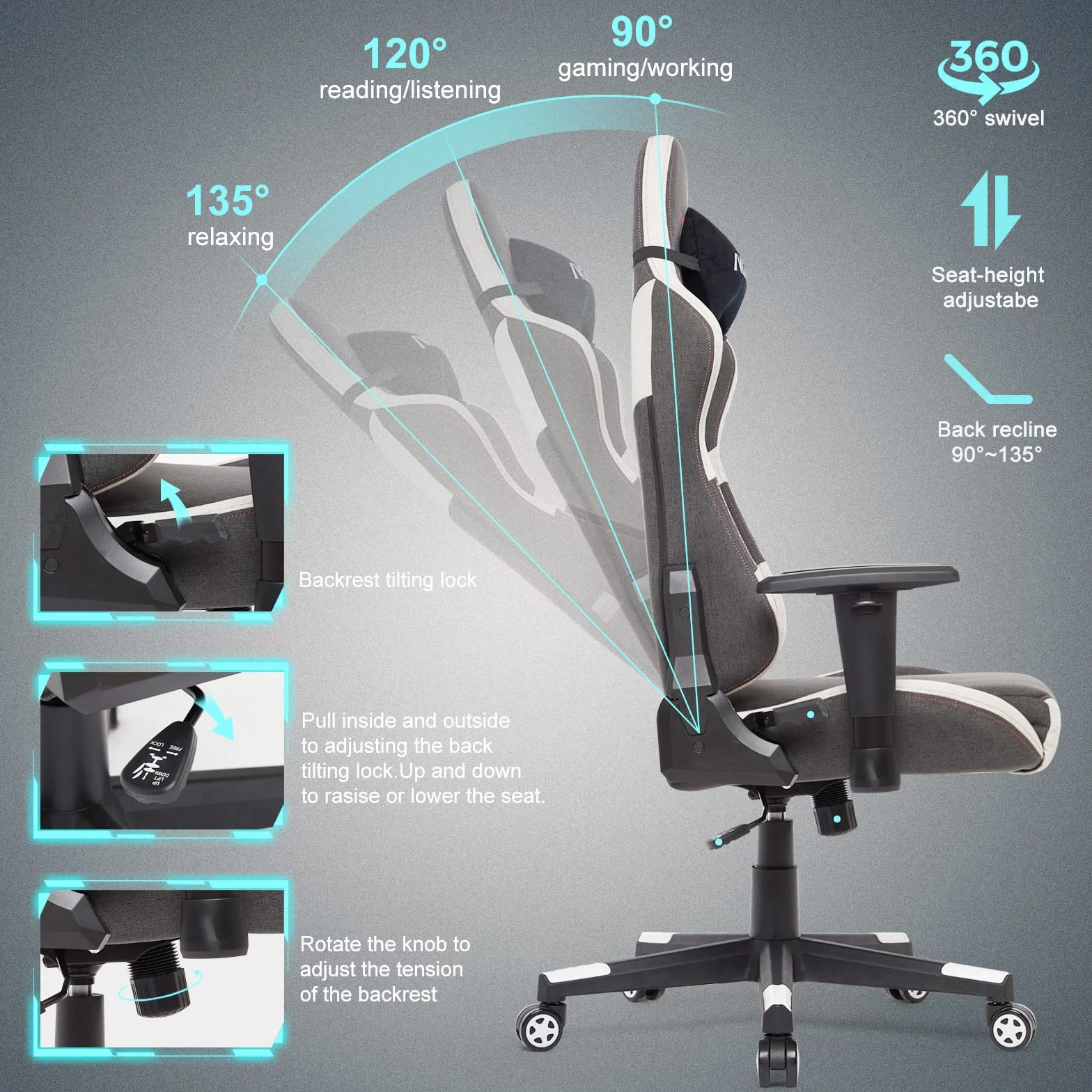 Intimate WM Heart Fotel gamingowy, gamingowy, ergonomiczny fotel obrotowy, z wysokim oparciem, krzesło komputerowe z funkcją przechylania, jasnoszare, białe, 49 x 56 x 131 cm