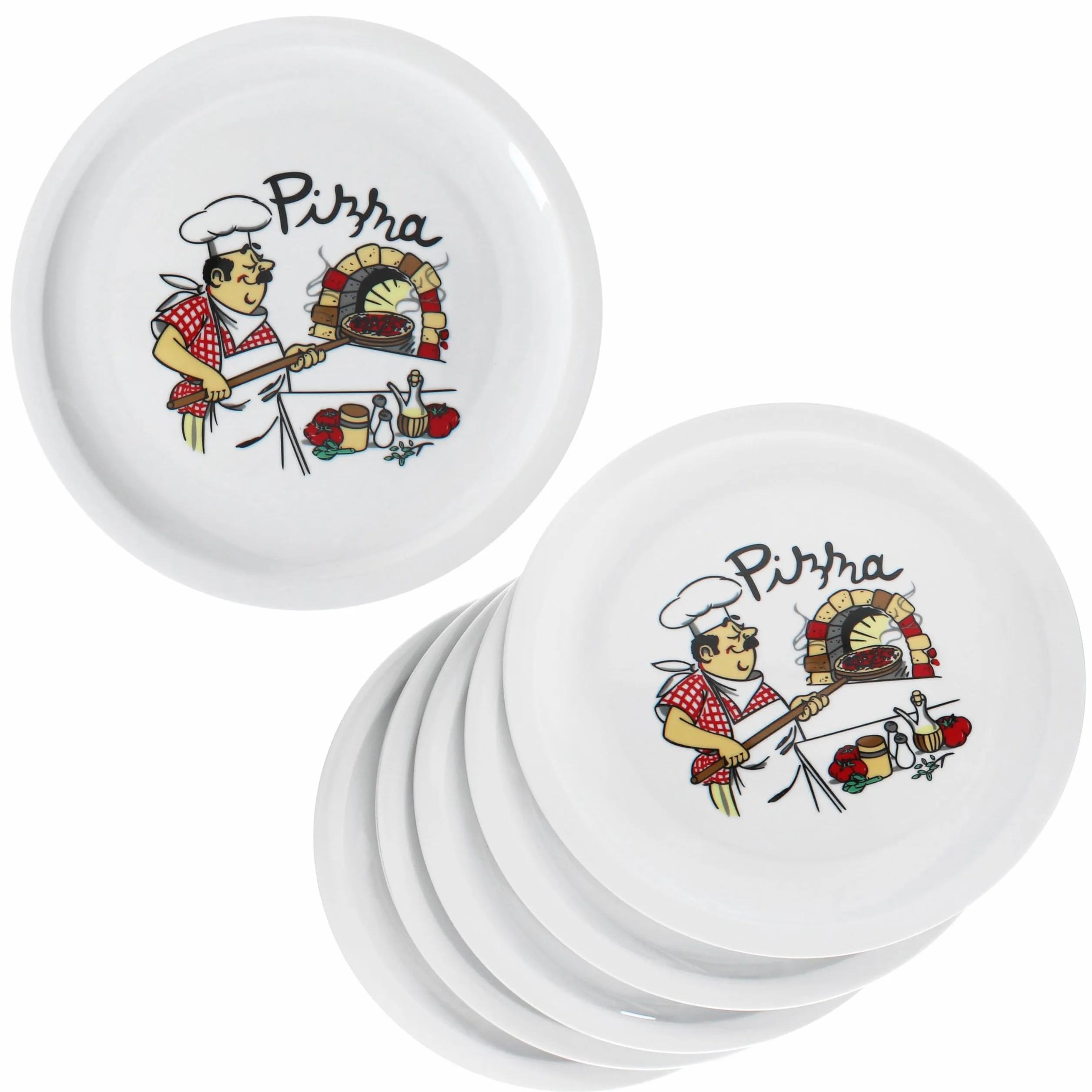 MamboCat Zestaw 6 talerzy do pizzy Mario XXL I Ø 33,5 cm I dla 6 osób I białe duże talerze do pizzy z porcelany z motywem piekarza I do pizzy lub do przyrządzania I duże talerze obiadowe, półmisek do
